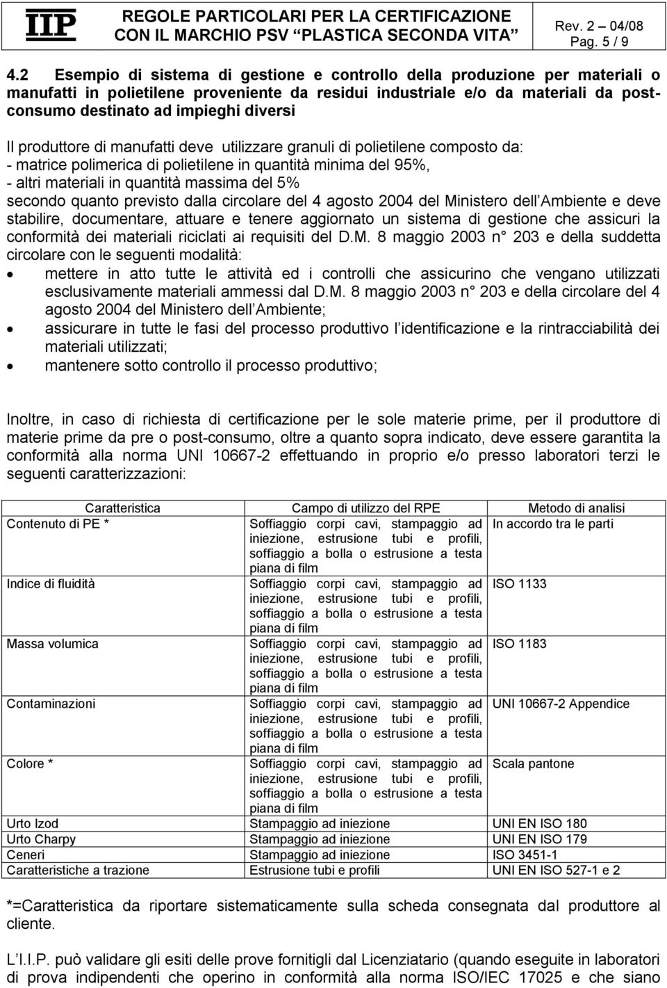 Il produttore di manufatti deve utilizzare granuli di polietilene composto da: - matrice polimerica di polietilene in quantità minima del 95%, - altri materiali in quantità massima del 5% secondo