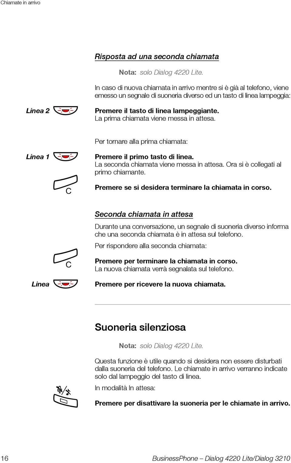 La prima chiamata viene messa in attesa. Linea 1 ÖÔ í Per tornare alla prima chiamata: Premere il primo tasto di linea. La seconda chiamata viene messa in attesa.