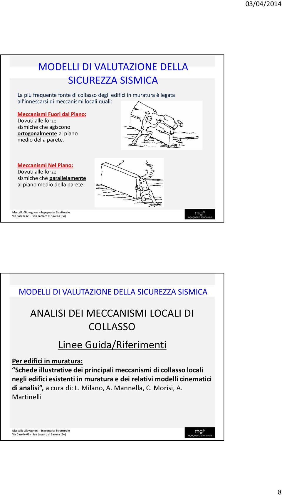 Meccanismi Nel Piano: Dovuti alle forze sismiche che parallelamente al piano medio della parete.