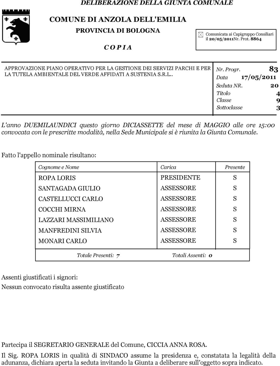 Titolo Classe ottoclasse 83 20 4 9 3 L'anno DUEMILAUNDICI questo giorno DICIAETTE del mese di MAGGIO alle ore 15:00 convocata con le prescritte modalità, nella ede Municipale si è riunita la Giunta