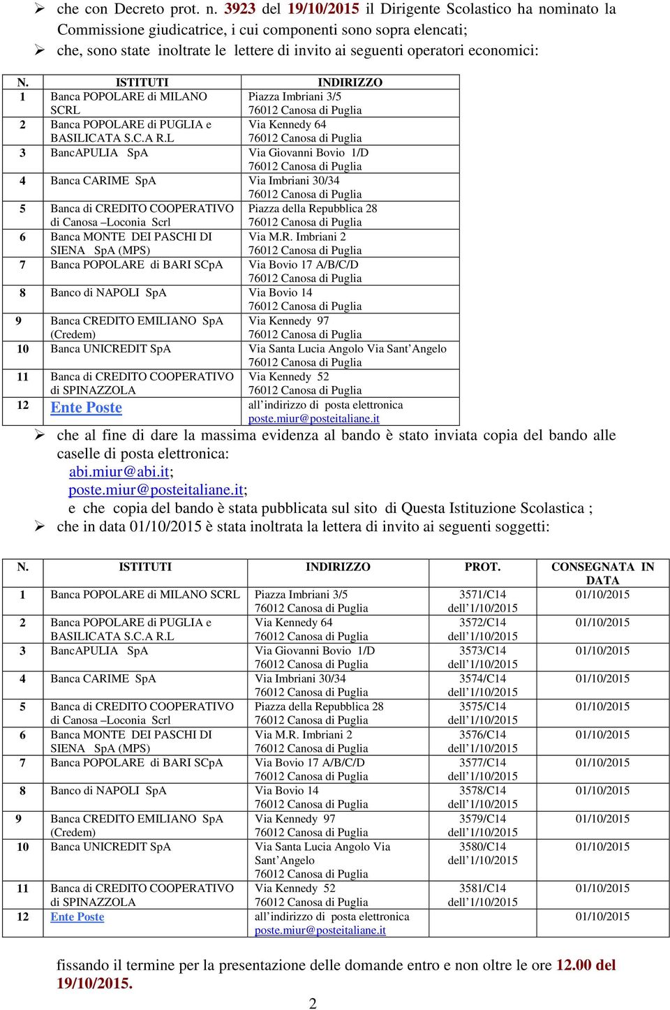 N. ISTITUTI INDIRIZZO Banca POPOLARE di MILANO SCRL Piazza Imbriani 3/5 2 Banca POPOLARE di PUGLIA e BASILICATA S.C.A R.