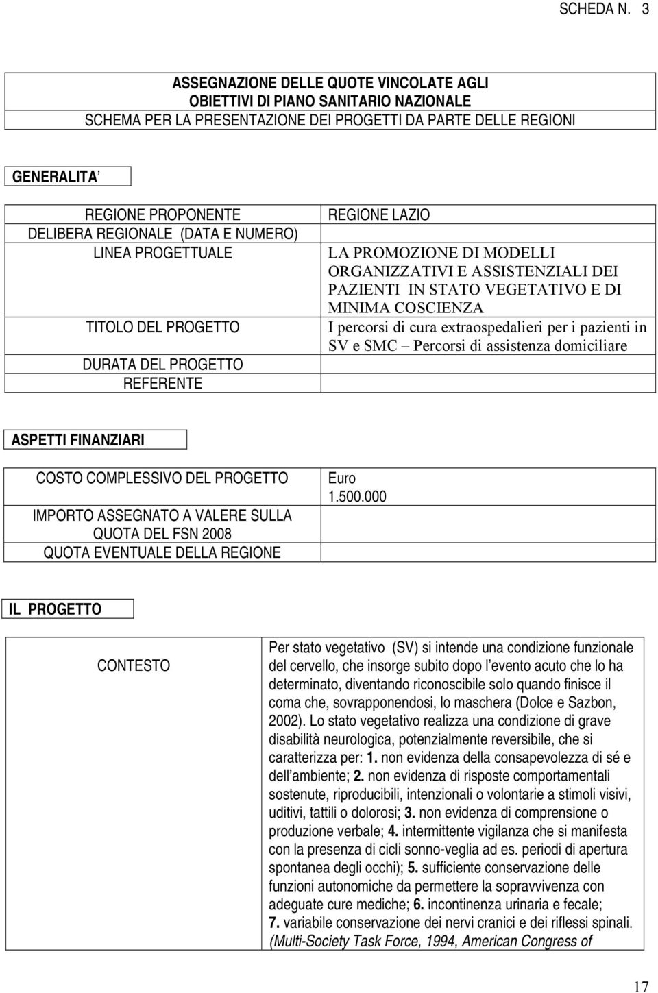 E NUMERO) LINEA PROGETTUALE TITOLO DEL PROGETTO DURATA DEL PROGETTO REFERENTE REGIONE LAZIO LA PROMOZIONE DI MODELLI ORGANIZZATIVI E ASSISTENZIALI DEI PAZIENTI IN STATO VEGETATIVO E DI MINIMA