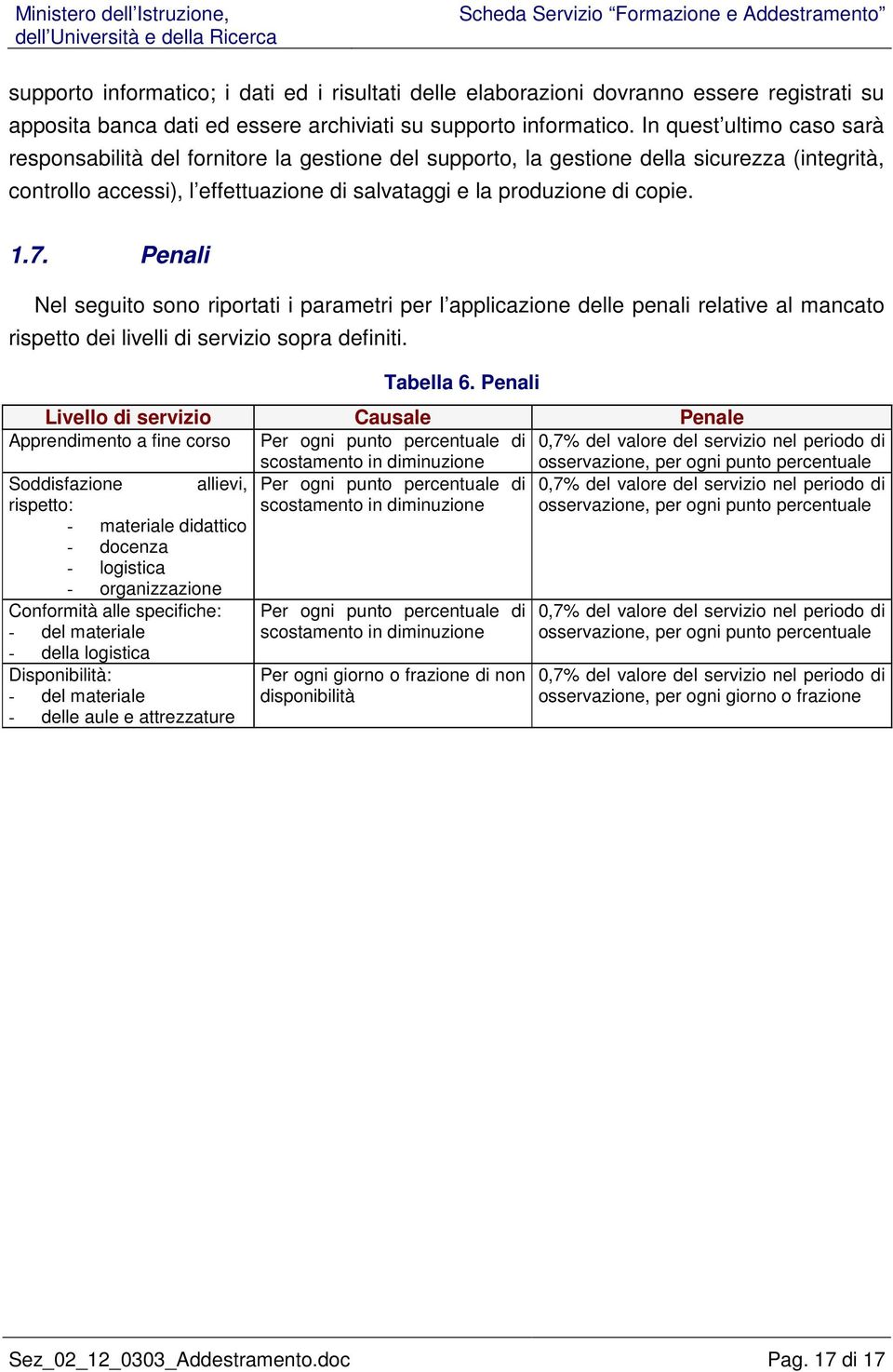 7. Penali Nel seguito sono riportati i parametri per l applicazione delle penali relative al mancato rispetto dei livelli di servizio sopra definiti. Tabella 6.