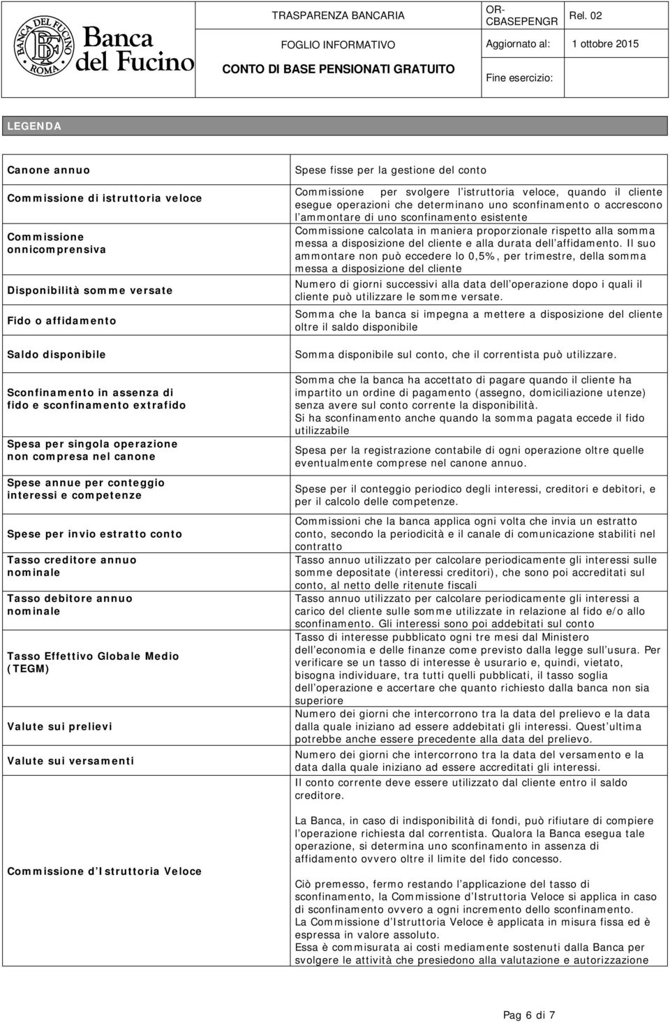 nominale Tasso Effettivo Globale Medio (TEGM) Valute sui prelievi Valute sui versamenti Commissione d Istruttoria Veloce Spese fisse per la gestione del conto Commissione per svolgere l istruttoria