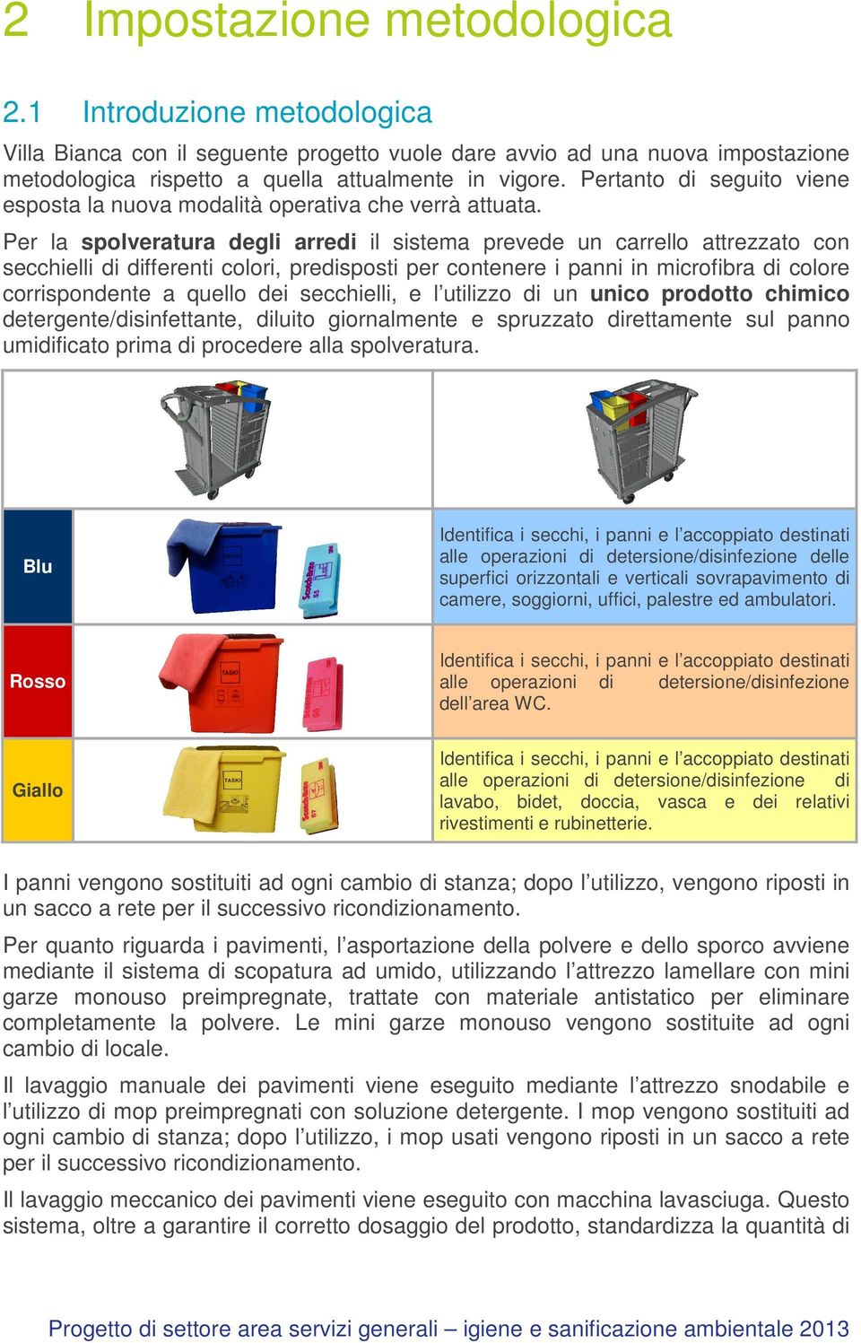 Per la spolveratura degli arredi il sistema prevede un carrello attrezzato con secchielli di differenti colori, predisposti per contenere i panni in microfibra di colore corrispondente a quello dei