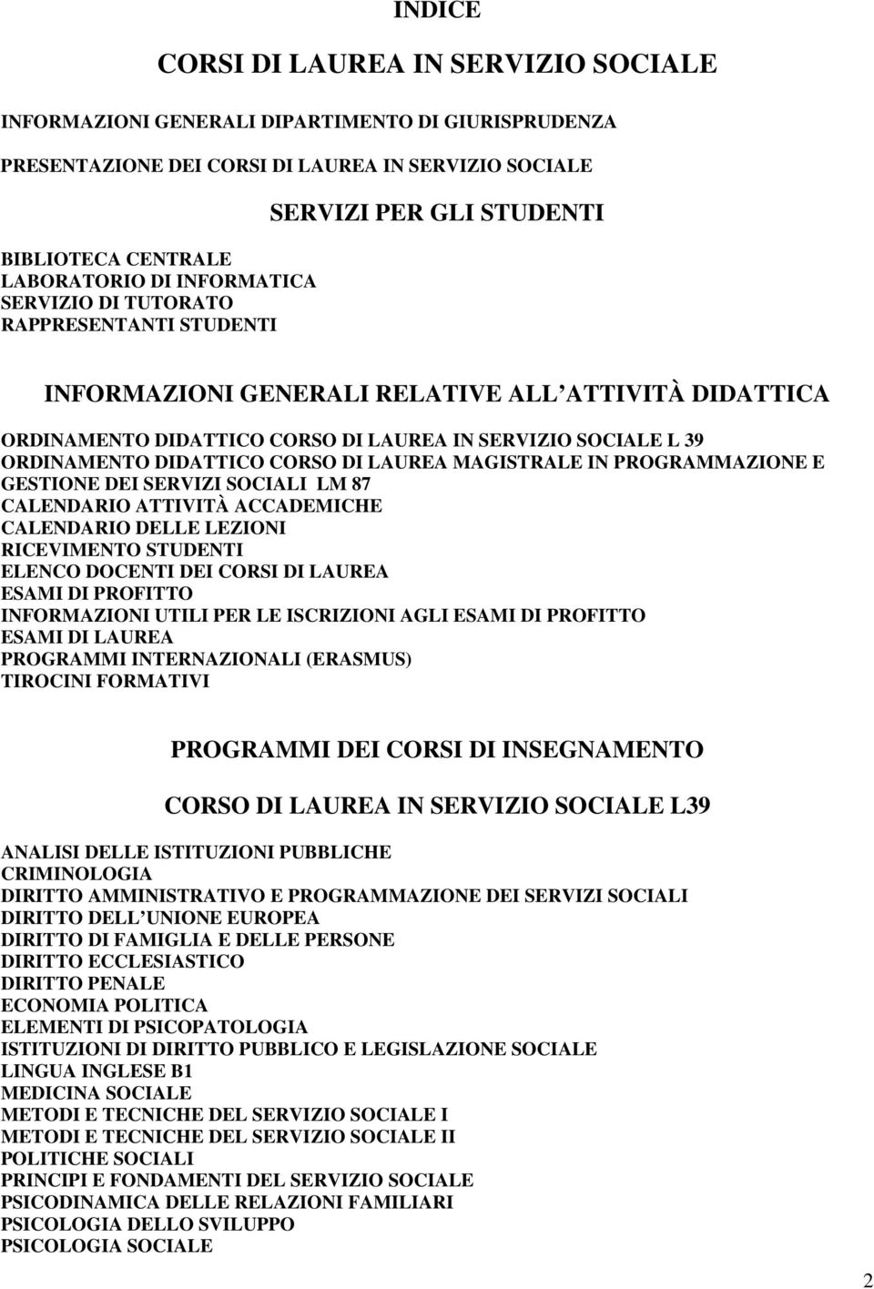 DIDATTICO CORSO DI LAUREA MAGISTRALE IN PROGRAMMAZIONE E GESTIONE DEI SERVIZI SOCIALI LM 87 CALENDARIO ATTIVITÀ ACCADEMICHE CALENDARIO DELLE LEZIONI RICEVIMENTO STUDENTI ELENCO DOCENTI DEI CORSI DI