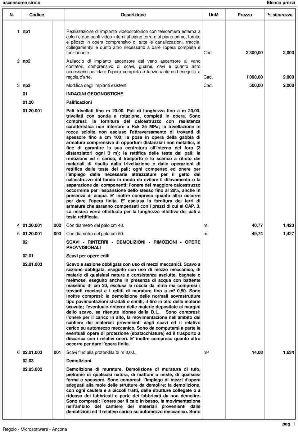 2'300,00 2,000 2 np2 Aallaccio di impianto ascensore dal vano ascensore al vano contatori, comprensivo di scavi, guaine, cavi e quanto altro necessario per dare l'opera completa e funzionante e d