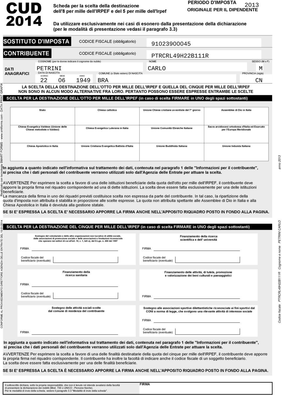 com - DATA PRINT GRAFIK SOSTITUTO D'IMPOSTA CONTRIBUENTE ANAGRAFICI COGNOME (per le donne indicare il cognome da nubile) NOME SESSO (M o F) DATA DI NASCITA COMUNE (o Stato estero) DI NASCITA