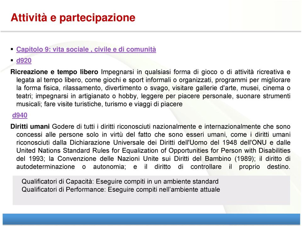 hobby, leggere per piacere personale, suonare strumenti musicali; fare visite turistiche, turismo e viaggi di piacere d940 Diritti umani Godere di tutti i diritti riconosciuti nazionalmente e