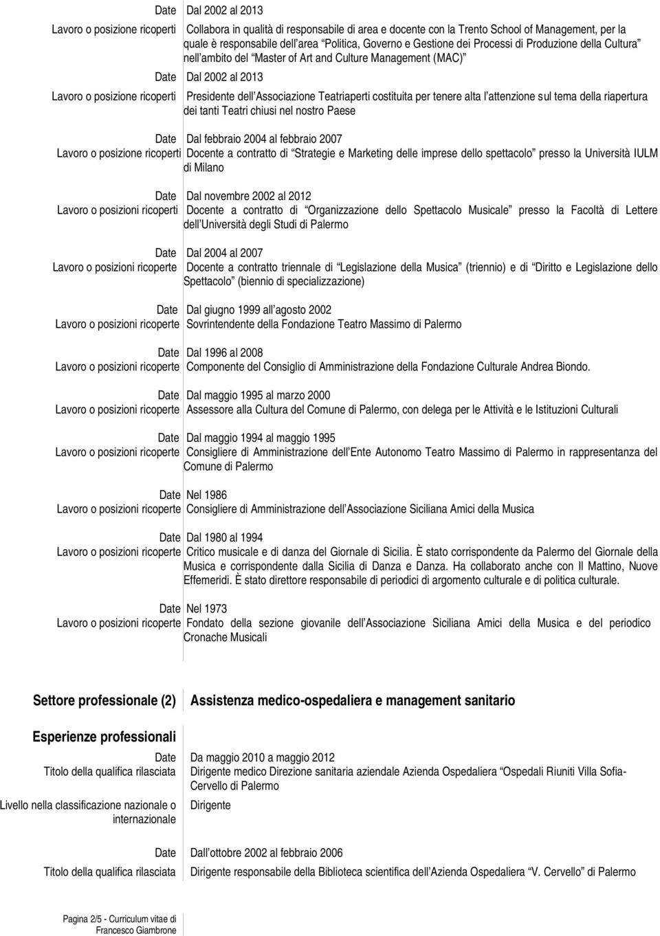 dello spettacolo presso la Università IULM di Milano Lavoro o posizioni ricoperti Dal maggio 1994 al maggio 1995 Consigliere di Amministrazione dell Ente Autonomo Teatro Massimo di Palermo in