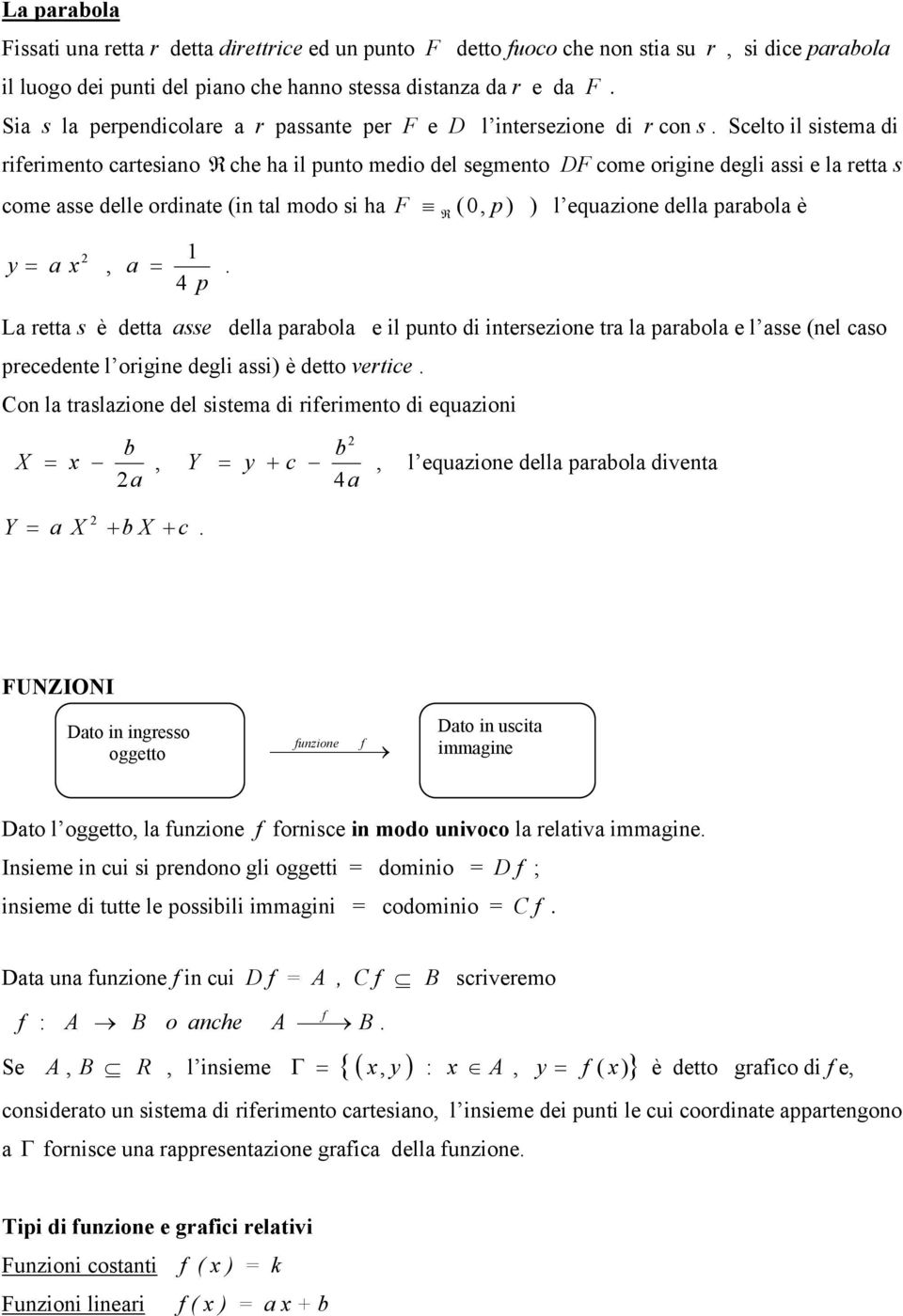 il puto di itersezioe tr l prol e l sse el so preedete l origie degli ssi è detto vertie Co l trslzioe del sistem di rierimeto di equzioi X Y l equzioe dell prol divet Y X X FUNZIONI Dto i igresso