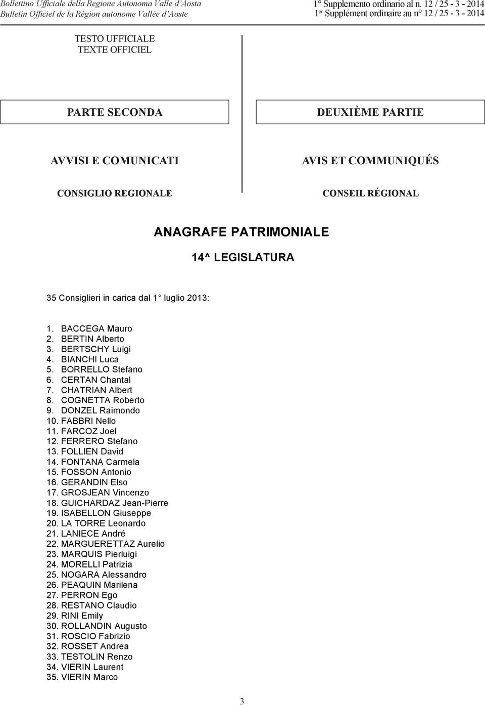 DONZEL Raimondo 10. FABBRI Nello 11. FARCOZ Joel 12. FERRERO Stefano 13. FOLLIEN David 14. FONTANA Carmela 15. FOSSON Antonio 16. GERANDIN Elso 17. GROSJEAN Vincenzo 18. GUICHARDAZ Jean-Pierre 19.