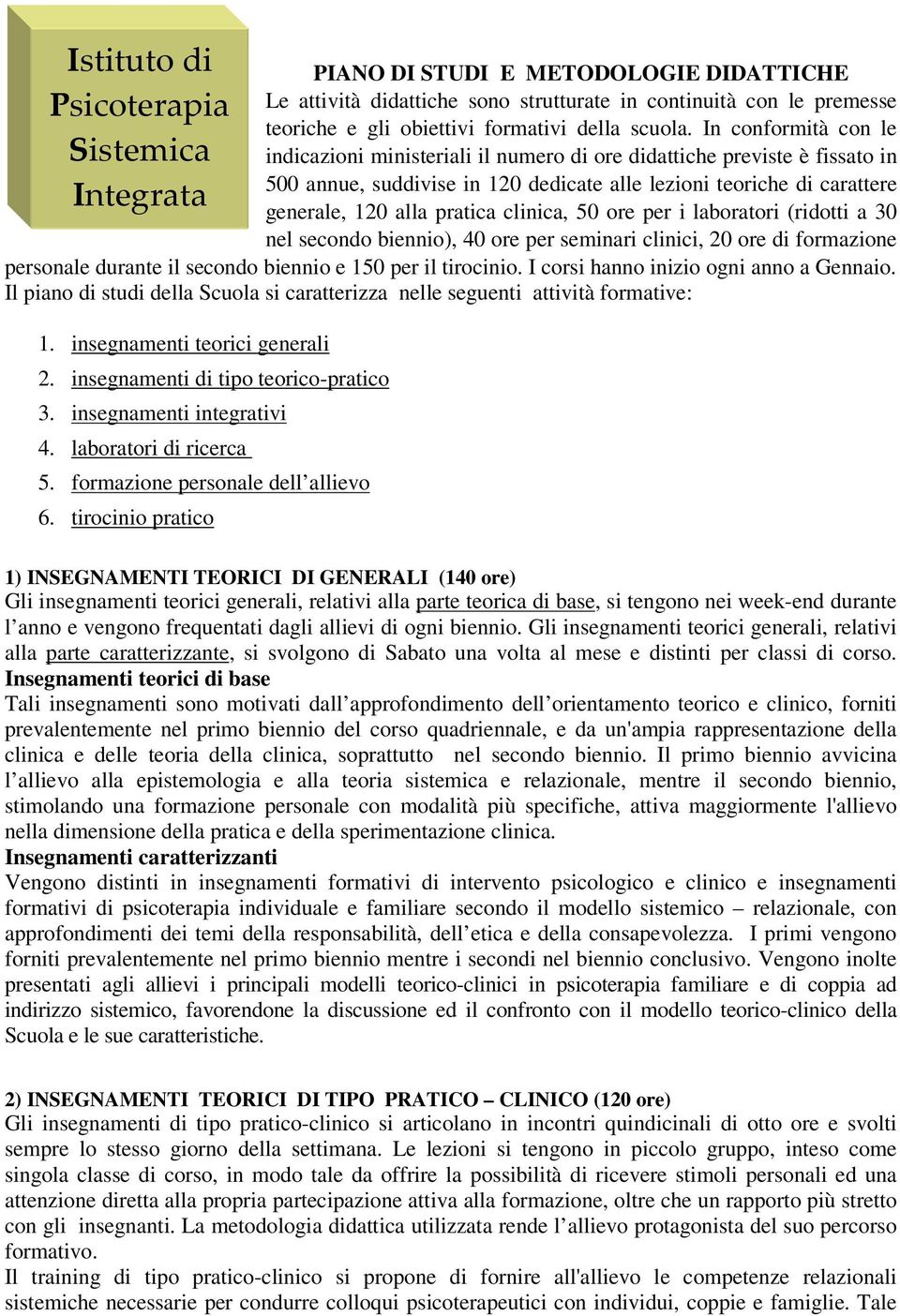 clinica, 50 ore per i laboratori (ridotti a 30 nel secondo biennio), 40 ore per seminari clinici, 20 ore di formazione personale durante il secondo biennio e 150 per il tirocinio.