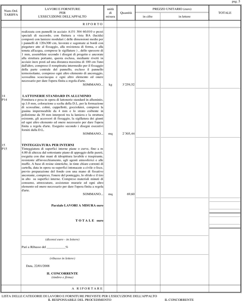 al fissaggio, alla resistenza di forma, e alla tenuta all'acqua, comprese le sigillature ), dello spessore di 1 mm, assemblate secondo i disegni di progetto e ancorate alla struttura portante, questa