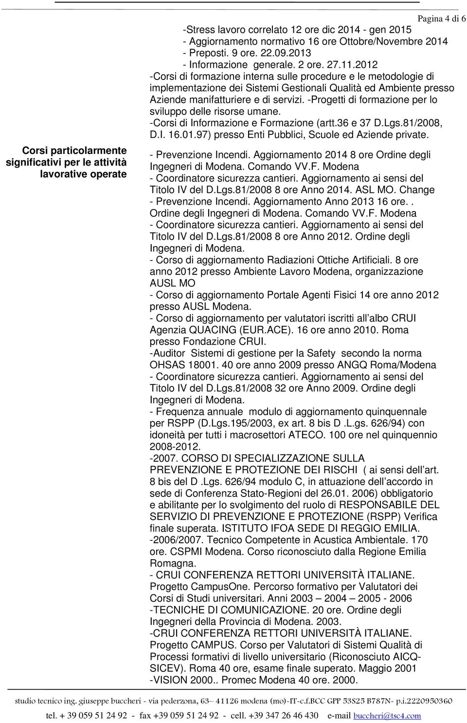 2012 -Corsi di formazione interna sulle procedure e le metodologie di implementazione dei Sistemi Gestionali Qualità ed Ambiente presso Aziende manifatturiere e di servizi.