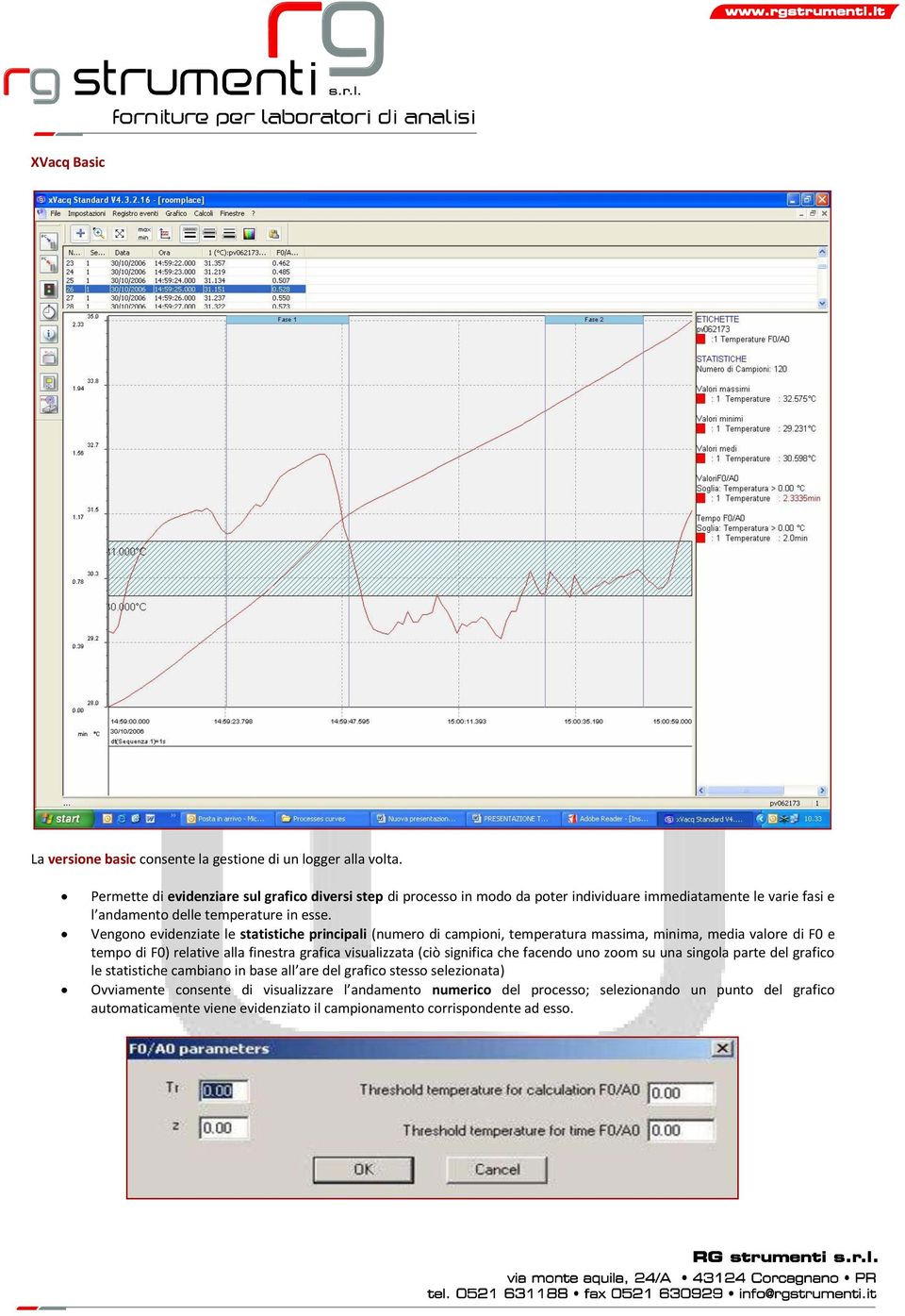 Vengono evidenziate le statistiche principali (numero di campioni, temperatura massima, minima, media valore di F0 e tempo di F0) relative alla finestra grafica visualizzata (ciò