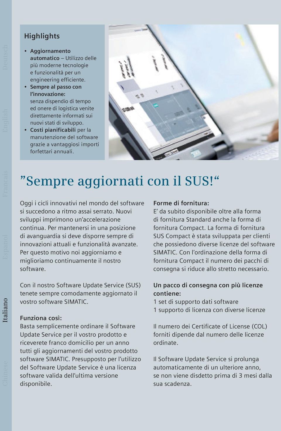 Costi pianificabili per la manutenzione del software grazie a vantaggiosi importi forfettari annuali. Francais Espanol Sempre aggiornati con il SUS!