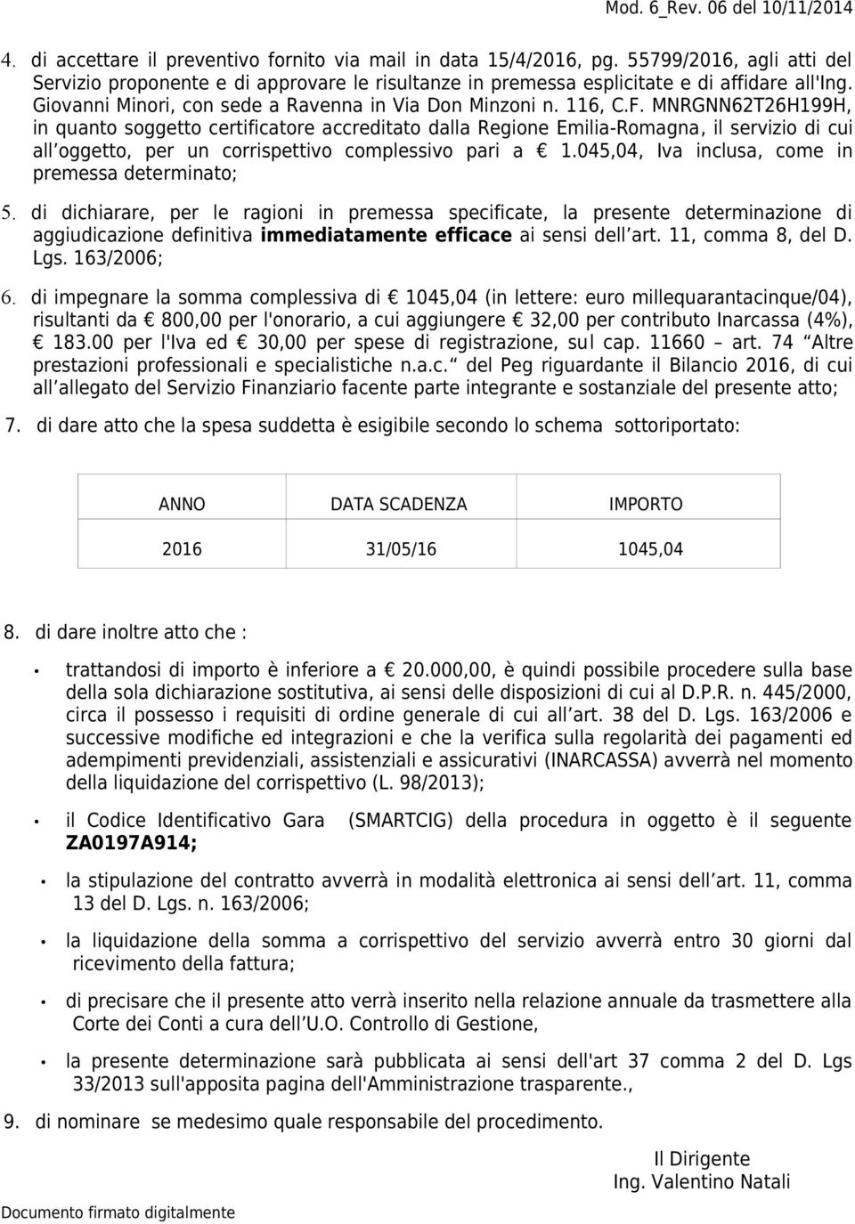 MNRGNN62T26H199H, in quanto soggetto certificatore accreditato dalla Regione Emilia-Romagna, il servizio di cui all oggetto, per un corrispettivo complessivo pari a 1.