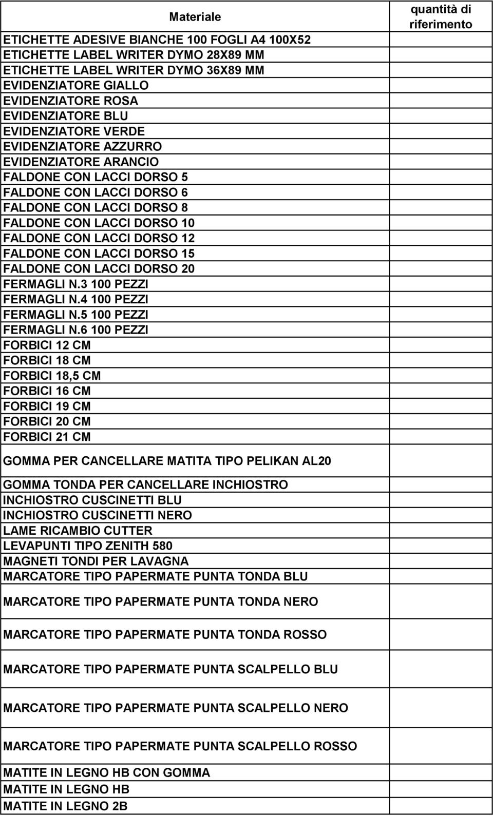 15 FALDONE CON LACCI DORSO 20 FERMAGLI N.3 100 PEZZI FERMAGLI N.4 100 PEZZI FERMAGLI N.5 100 PEZZI FERMAGLI N.