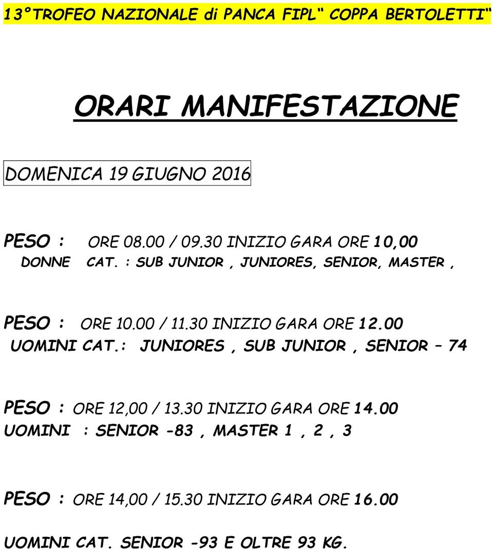 30 INIZIO GARA ORE 12.00 UOMINI CAT.: JUNIORES, SUB JUNIOR, SENIOR 74 PESO : ORE 12,00 / 13.30 INIZIO GARA ORE 14.