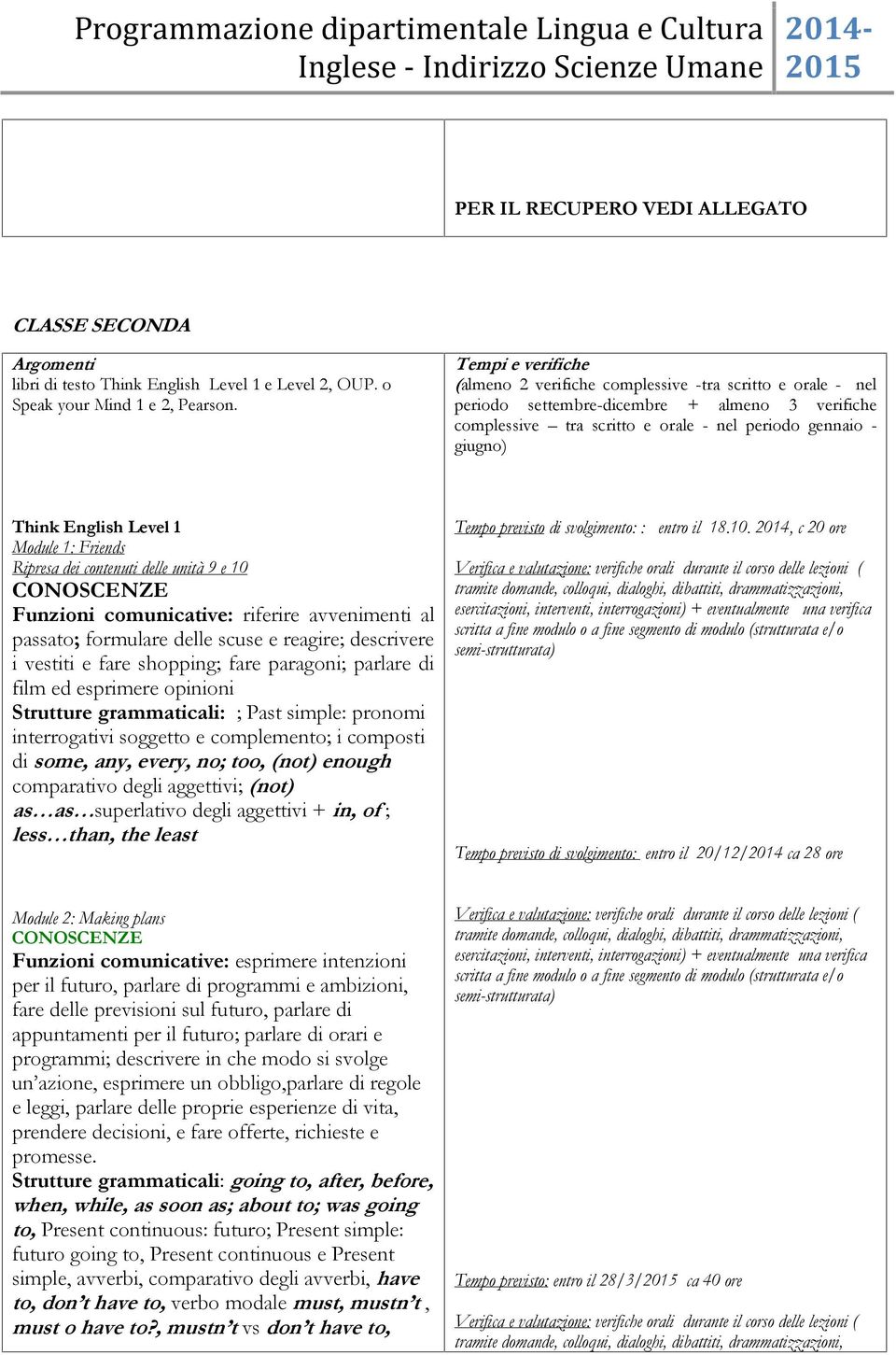 English Level 1 Module 1: Friends Ripresa dei contenuti delle unità 9 e 10 CONOSCENZE Funzioni comunicative: riferire avvenimenti al passato; formulare delle scuse e reagire; descrivere i vestiti e