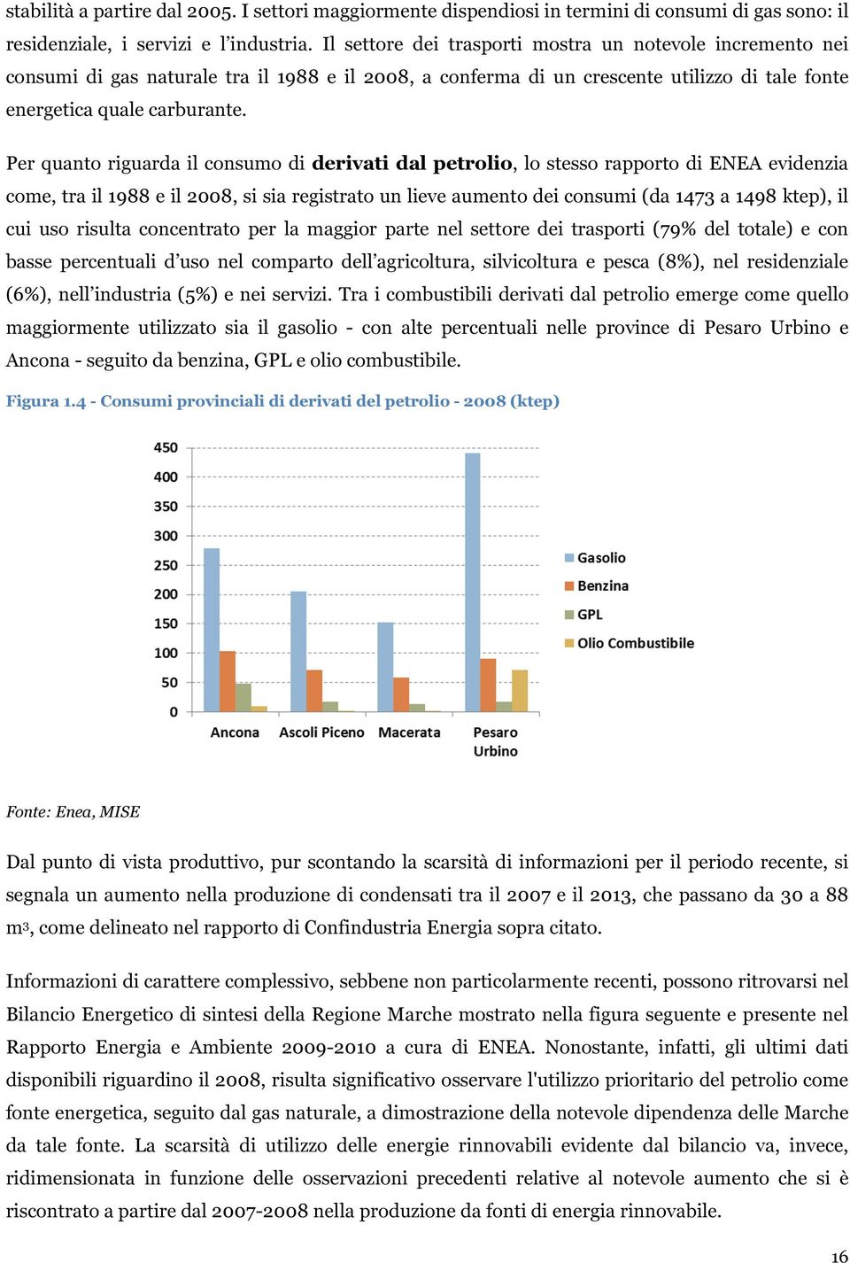 Per quanto riguarda il consumo di derivati dal petrolio, lo stesso rapporto di ENEA evidenzia come, tra il 1988 e il 2008, si sia registrato un lieve aumento dei consumi (da 1473 a 1498 ktep), il cui