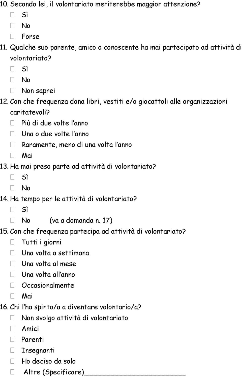 Ha mai preso parte ad attività di 14. Ha tempo per le attività di (va a domanda n. 17) 15.