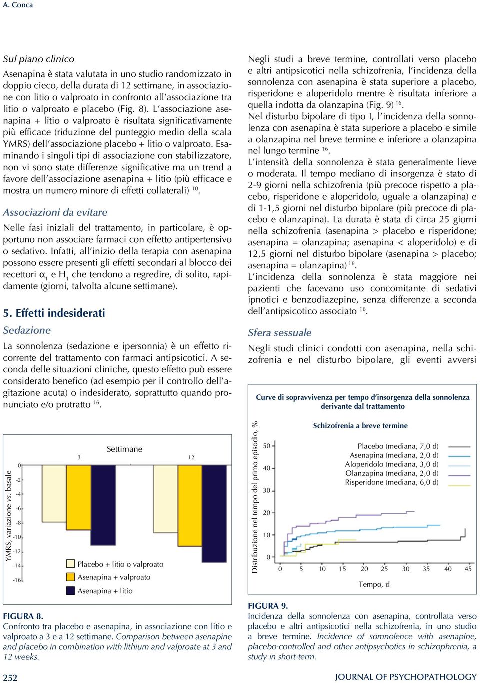 L associazione asenapina + litio o valproato è risultata significativamente più efficace (riduzione del punteggio medio della scala YMRS) dell associazione placebo + litio o valproato.
