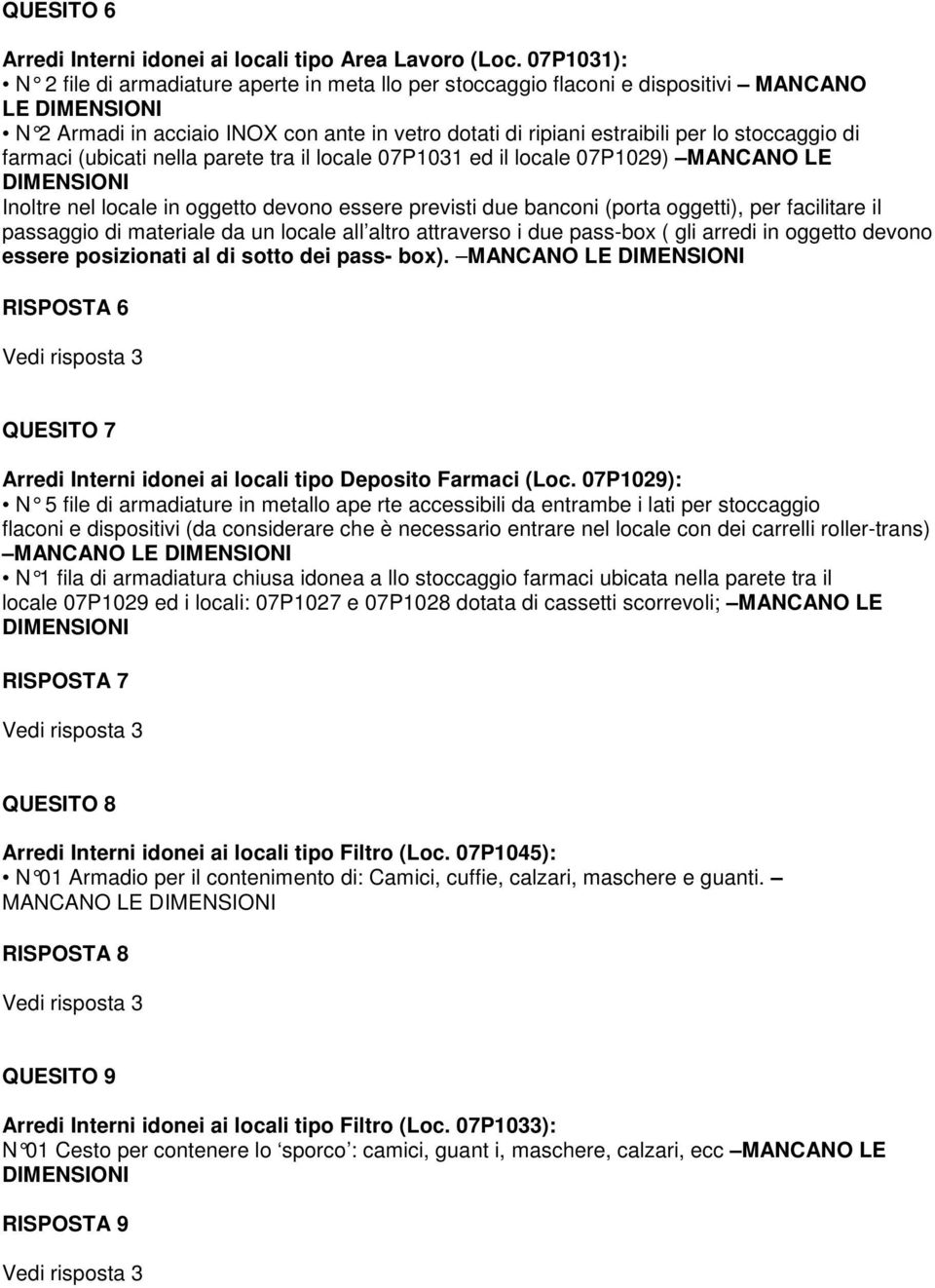 farmaci (ubicati nella parete tra il locale 07P1031 ed il locale 07P1029) MANCANO LE Inoltre nel locale in oggetto devono essere previsti due banconi (porta oggetti), per facilitare il passaggio di