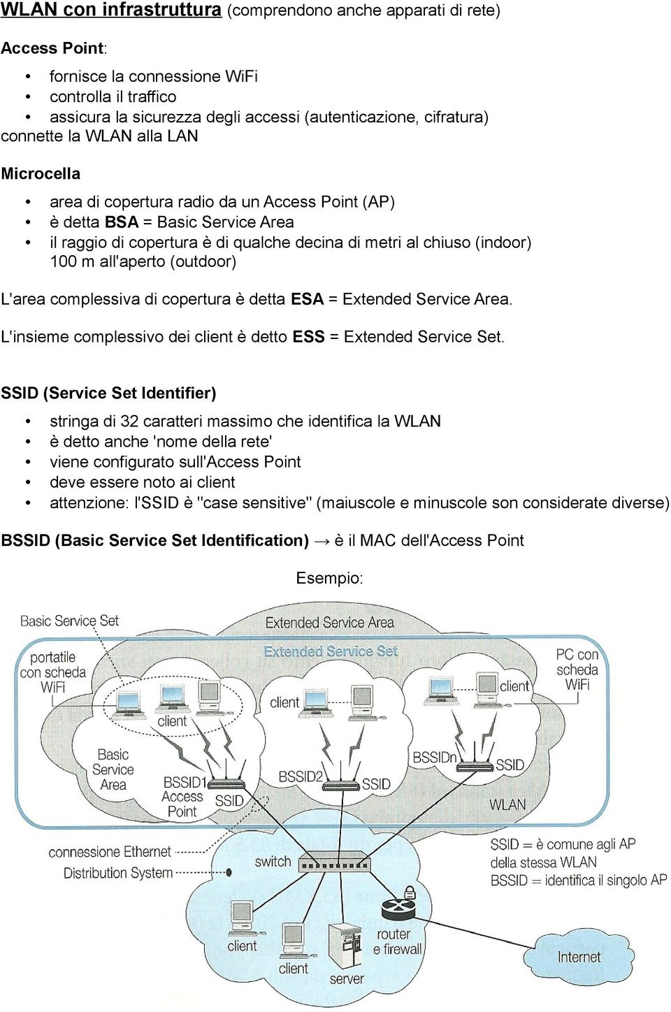 (outdoor) L'area complessiva di copertura è detta ESA = Extended Service Area. L'insieme complessivo dei client è detto ESS = Extended Service Set.