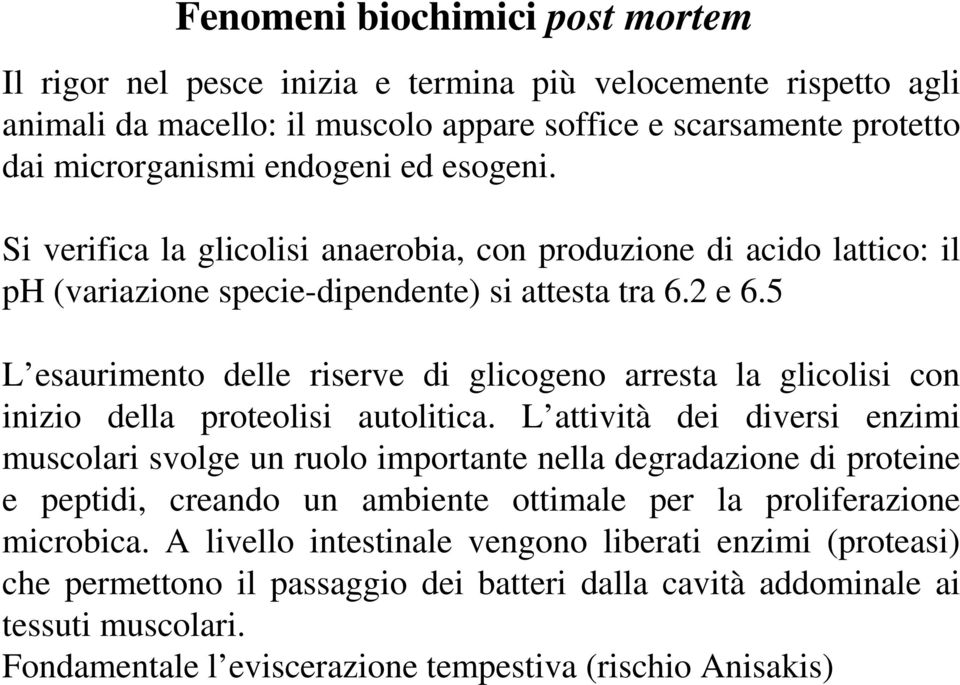 5 L esaurimento delle riserve di glicogeno arresta la glicolisi con inizio della proteolisi autolitica.