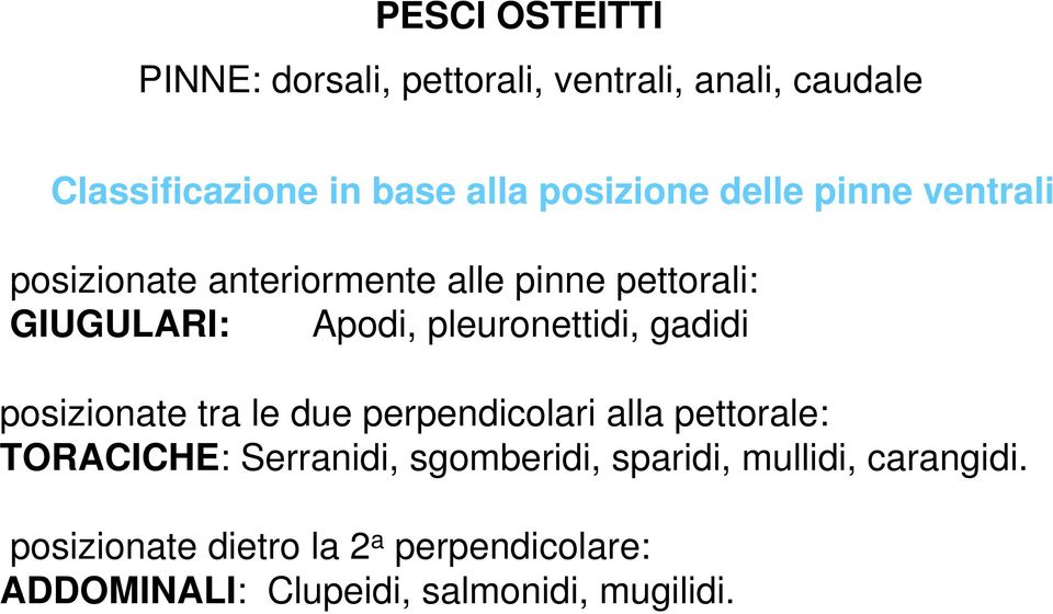 pleuronettidi, gadidi posizionate tra le due perpendicolari alla pettorale: TORACICHE: Serranidi,