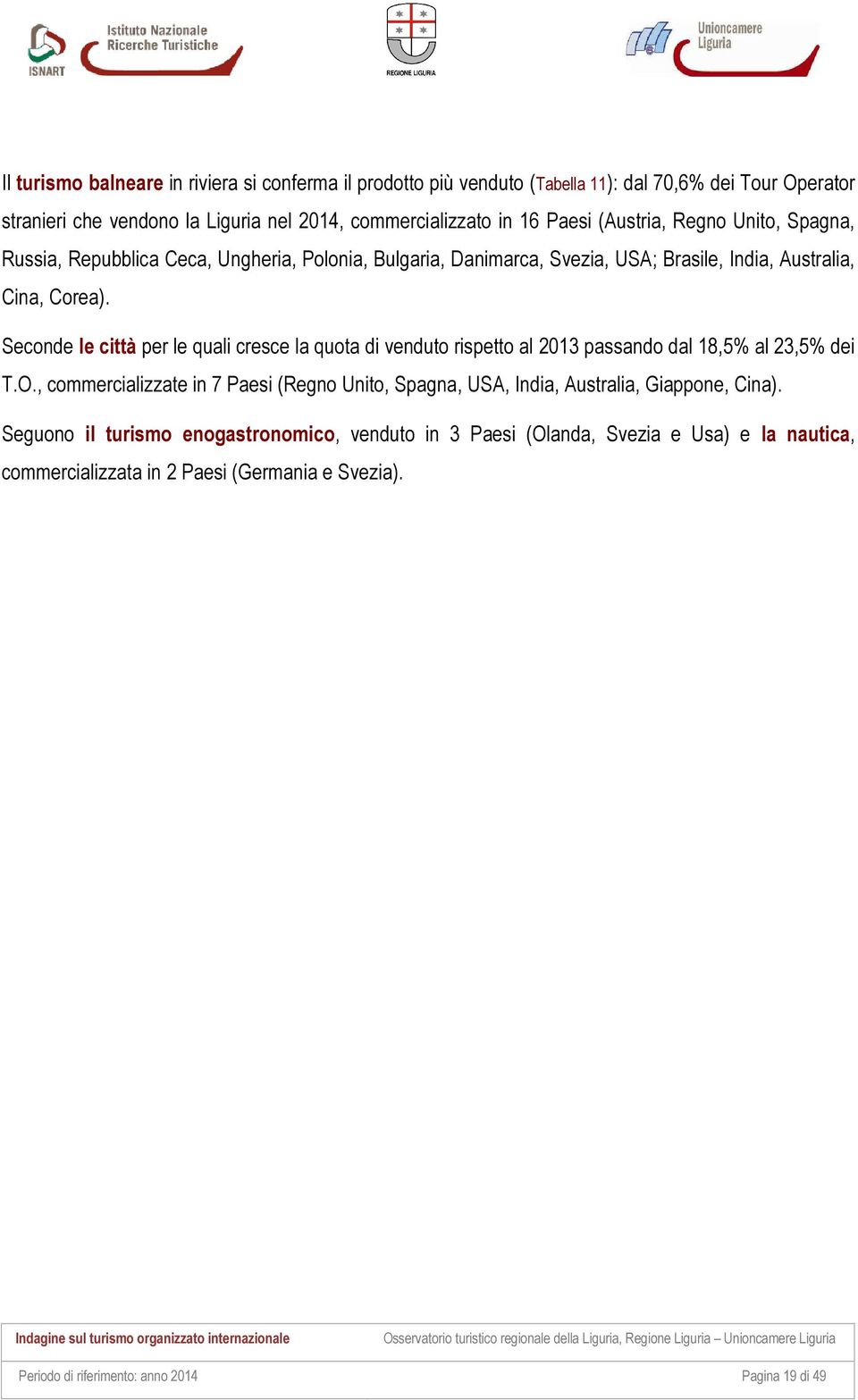 Seconde le città per le quali cresce la quota di venduto rispetto al 2013 passando dal 18,5% al 23,5% dei T.O.