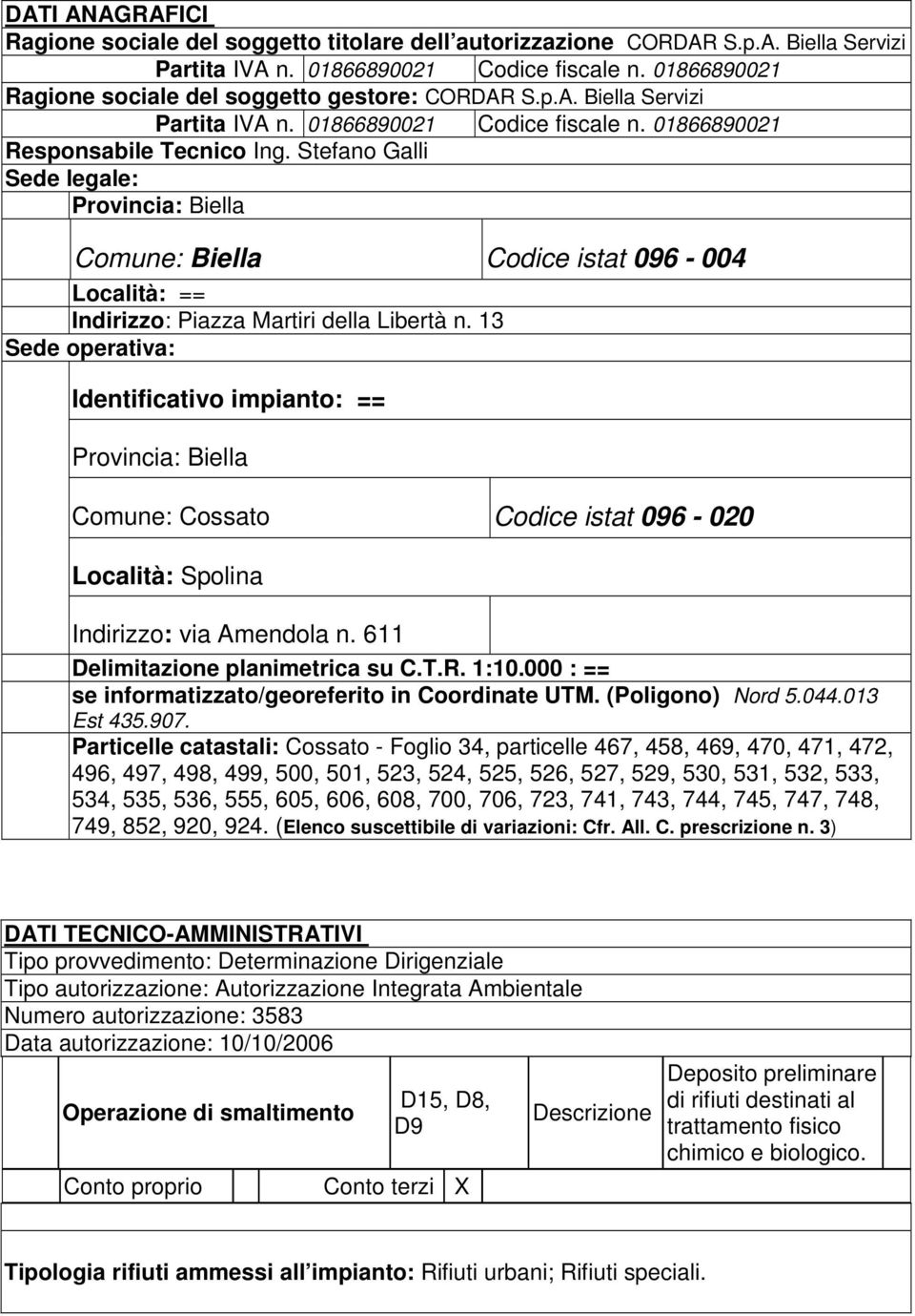 Stefano Galli Sede legale: Provincia: Biella Comune: Biella Codice istat 096-004 Località: == Indirizzo: Piazza Martiri della Libertà n.