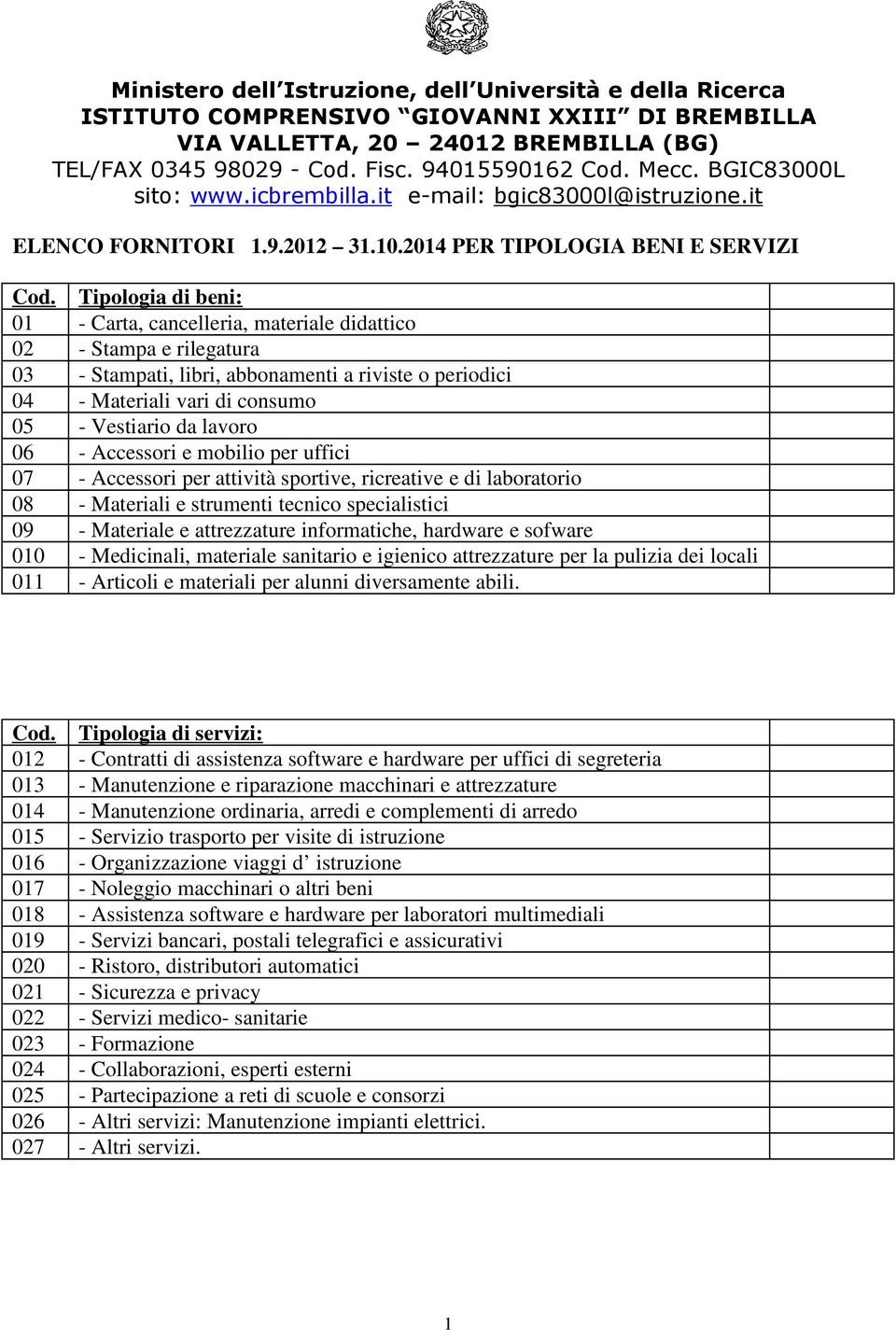 informatiche, hardware e sofware 010 - Medicinali, materiale sanitario e igienico attrezzature per la pulizia dei locali 011 - Articoli e materiali per alunni diversamente abili. Cod.