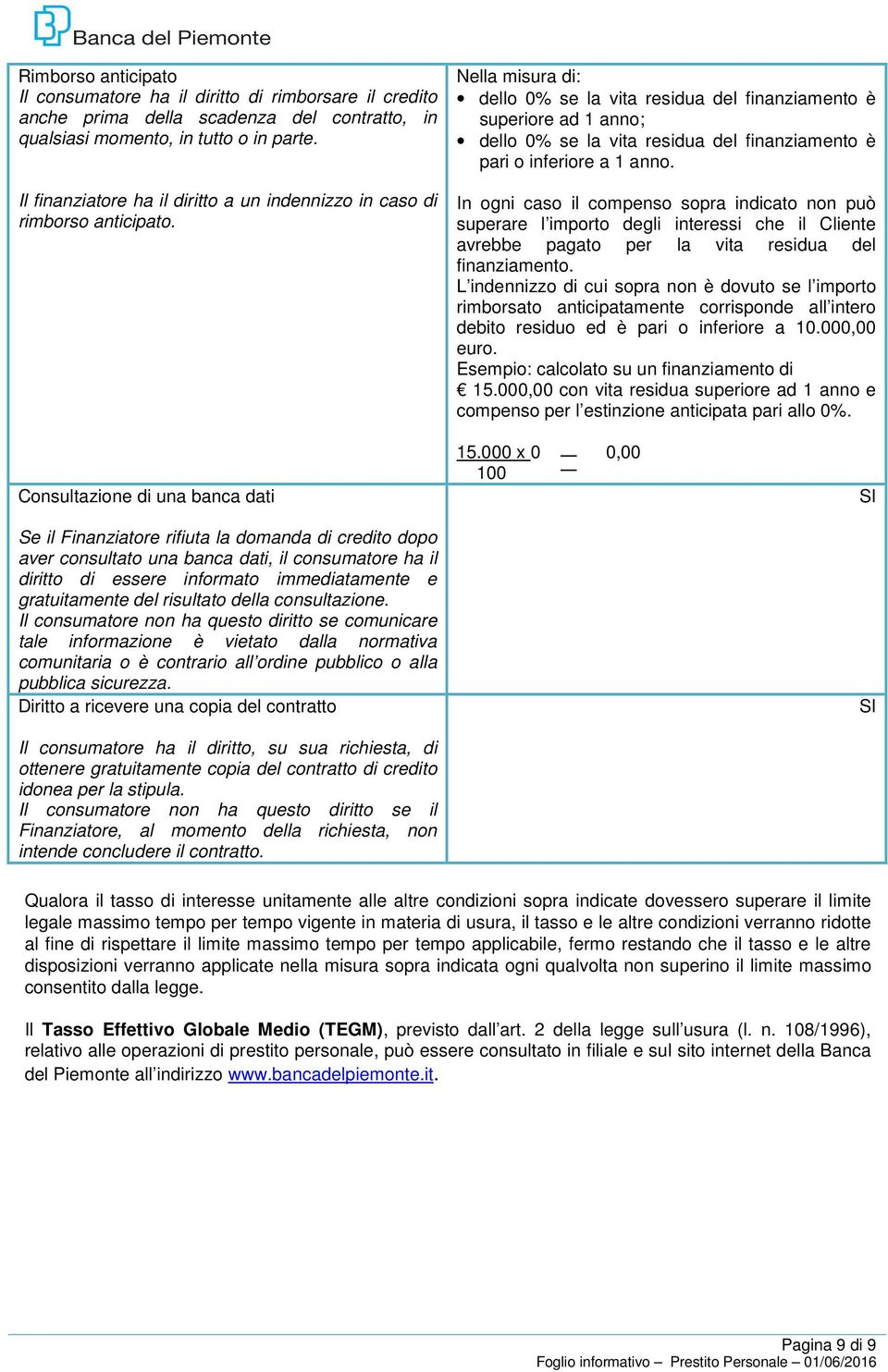 Nella misura di: dello 0% se la vita residua del finanziamento è superiore ad 1 anno; dello 0% se la vita residua del finanziamento è pari o inferiore a 1 anno.