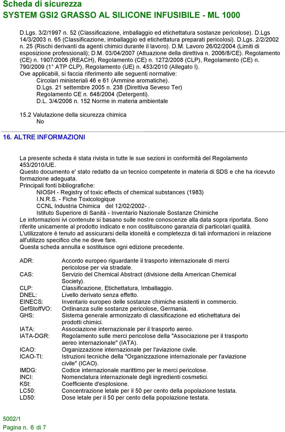 1907/2006 (REACH), Regolamento (CE) n. 1272/2008 (CLP), Regolamento (CE) n. 790/2009 (1 ATP CLP), Regolamento (UE) n. 453/2010 (Allegato I).