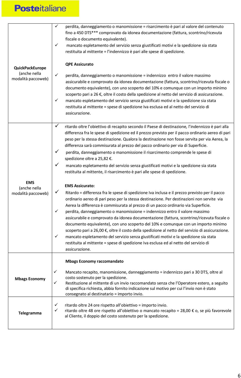 QuickPackEurope QPE Assicurato perdita, danneggiamento o manomissione = indennizzo entro il valore massimo assicurabile e comprovato da idonea documentazione (fattura, scontrino/ricevuta fiscale o