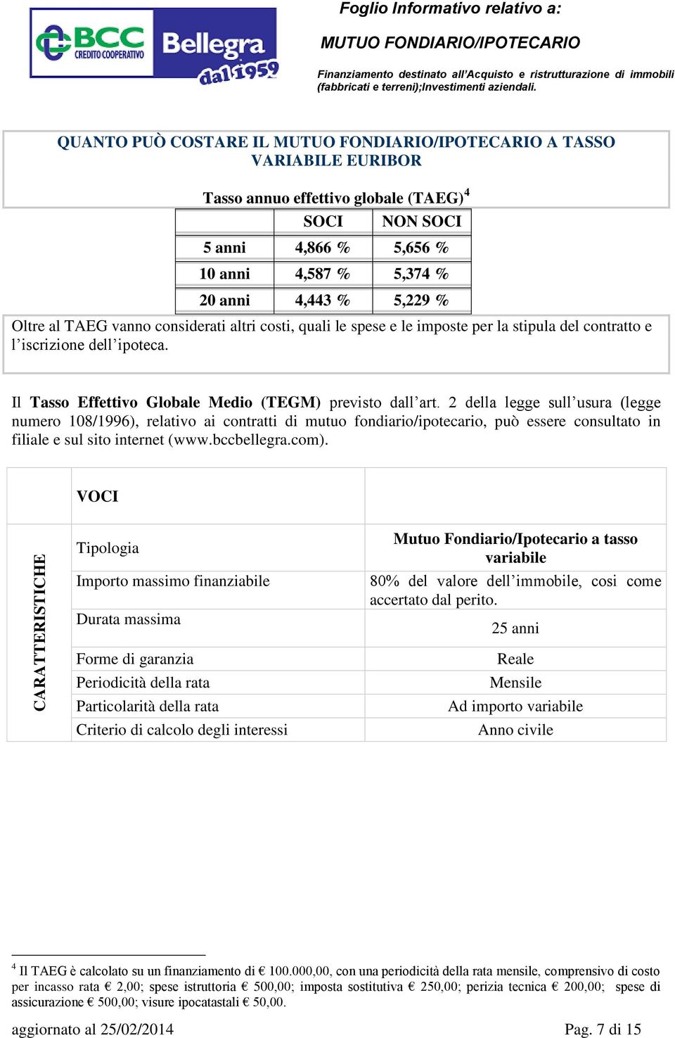 2 della legge sull usura (legge numero 108/1996), relativo ai contratti di mutuo fondiario/ipotecario, può essere consultato in filiale e sul sito internet (www.bccbellegra.com).