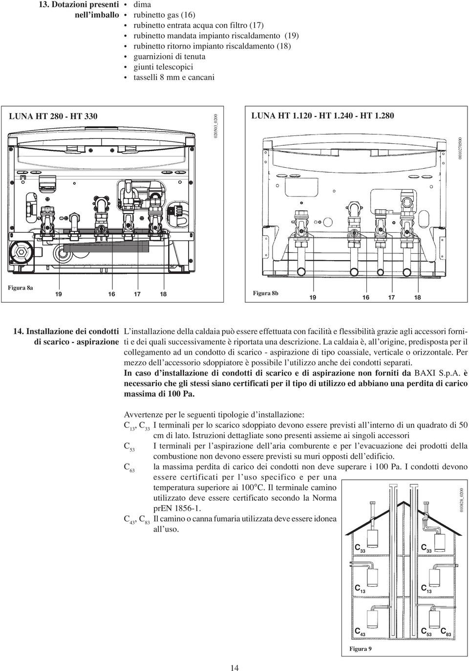 Installazione dei condotti di scarico - aspirazione L installazione della caldaia può essere effettuata con facilità e flessibilità grazie agli accessori forniti e dei quali successivamente è