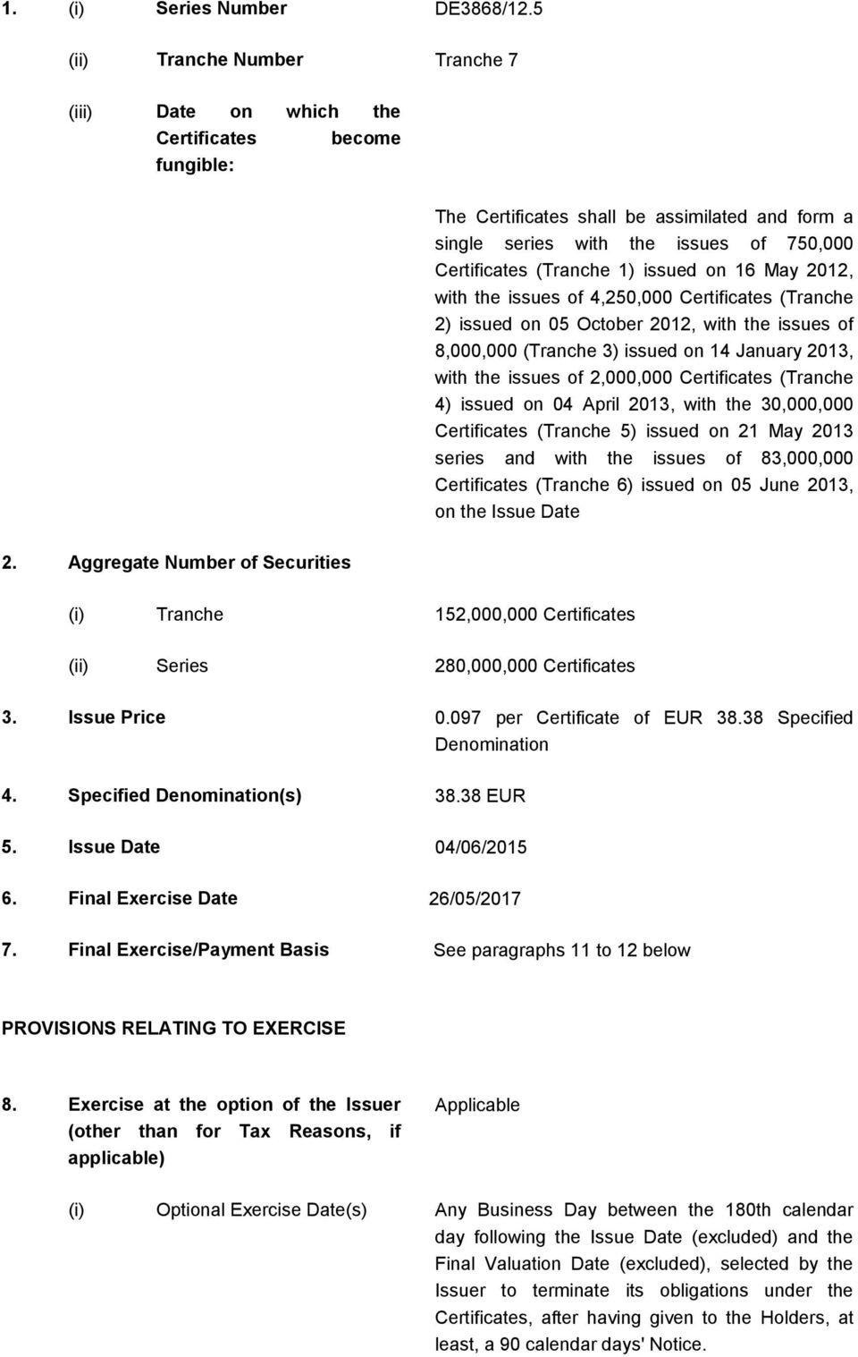 1) issued on 16 May 2012, with the issues of 4,250,000 Certificates (Tranche 2) issued on 05 October 2012, with the issues of 8,000,000 (Tranche 3) issued on 14 January 2013, with the issues of