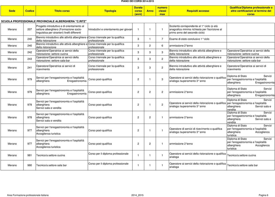RITZ" Merano 207 Merano 240 Merano 240 Merano 242 Merano 243 Progetto introduttivo e di orientamento al settore alberghiero (Formazione sociolinguistica per stranieri) livelli differenti Biennio