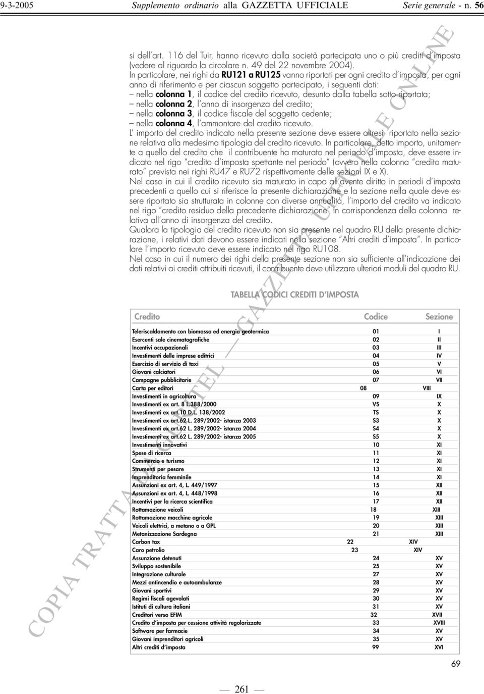 In particolare, nei righi da RU a RU vanno riportati per ogni credito d imposta, per ogni anno di riferimento e per ciascun soggetto partecipato, i seguenti dati: nella colonna, il codice del credito