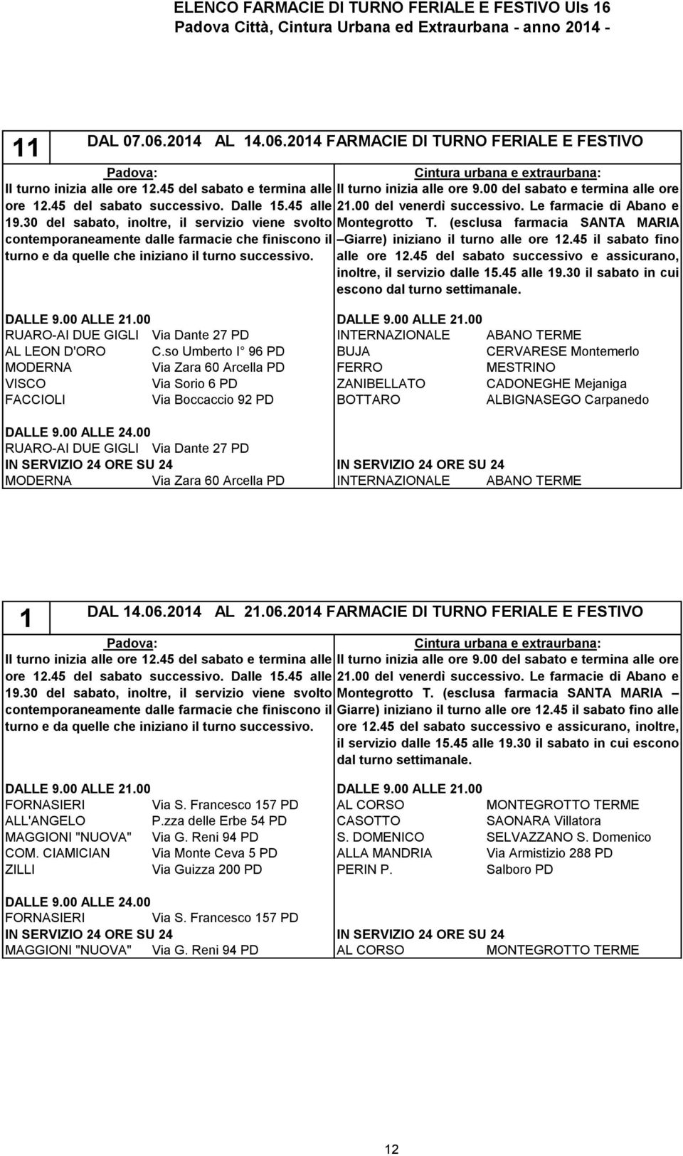 alle ore 12.45 del sabato successivo e assicurano, inoltre, il servizio dalle 15.45 alle 19.30 il sabato in cui escono RUARO-AI DUE GIGLI Via Dante 27 PD INTERNAZIONALE ABANO TERME AL LEON D'ORO C.