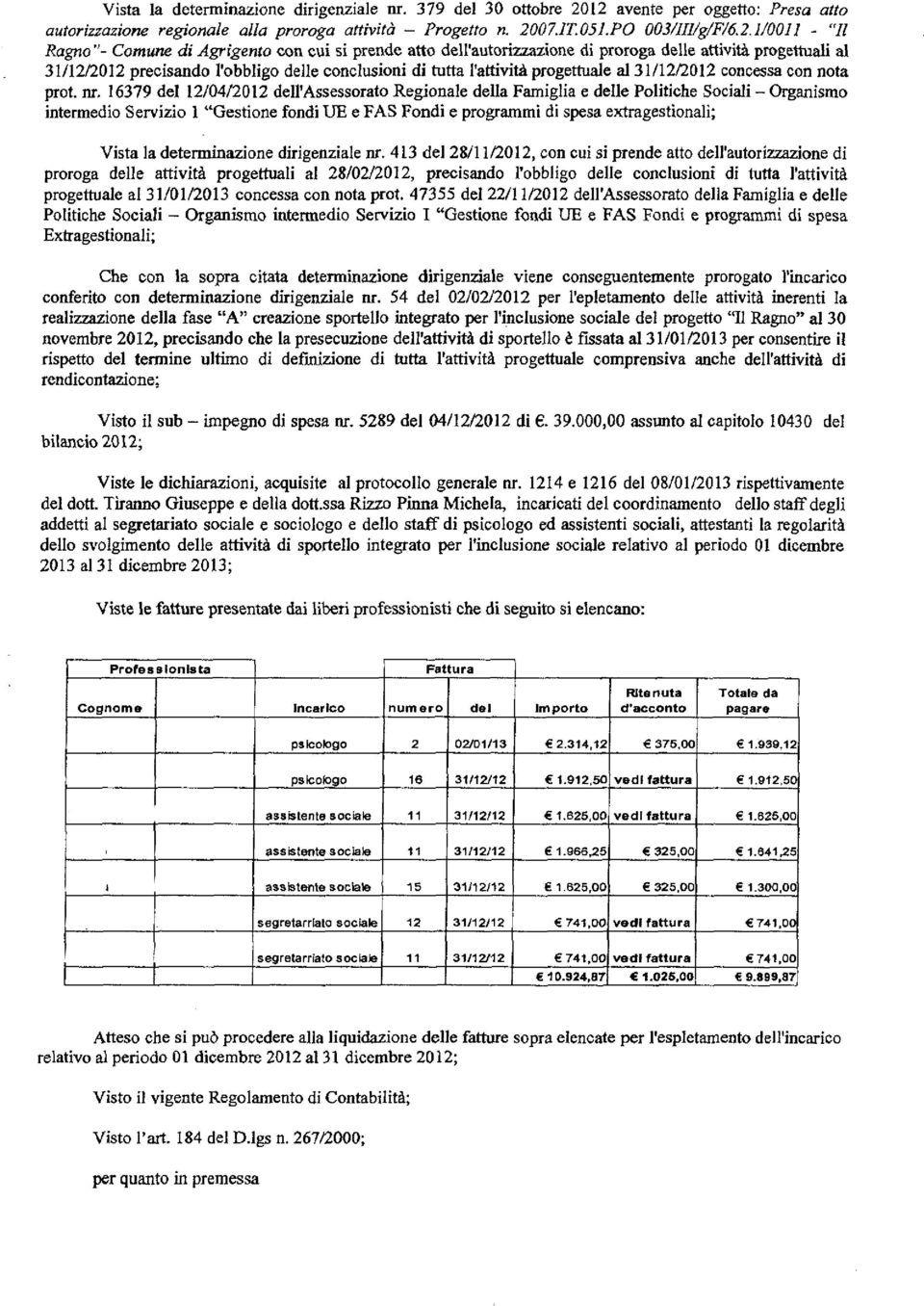 di prorog dell e ttività progettuli l 31/12/2012 precisndo l'obblig o delle conclusioni d i tutt l'ttività progettule l 31/12/2012 concess con not prot. nr.