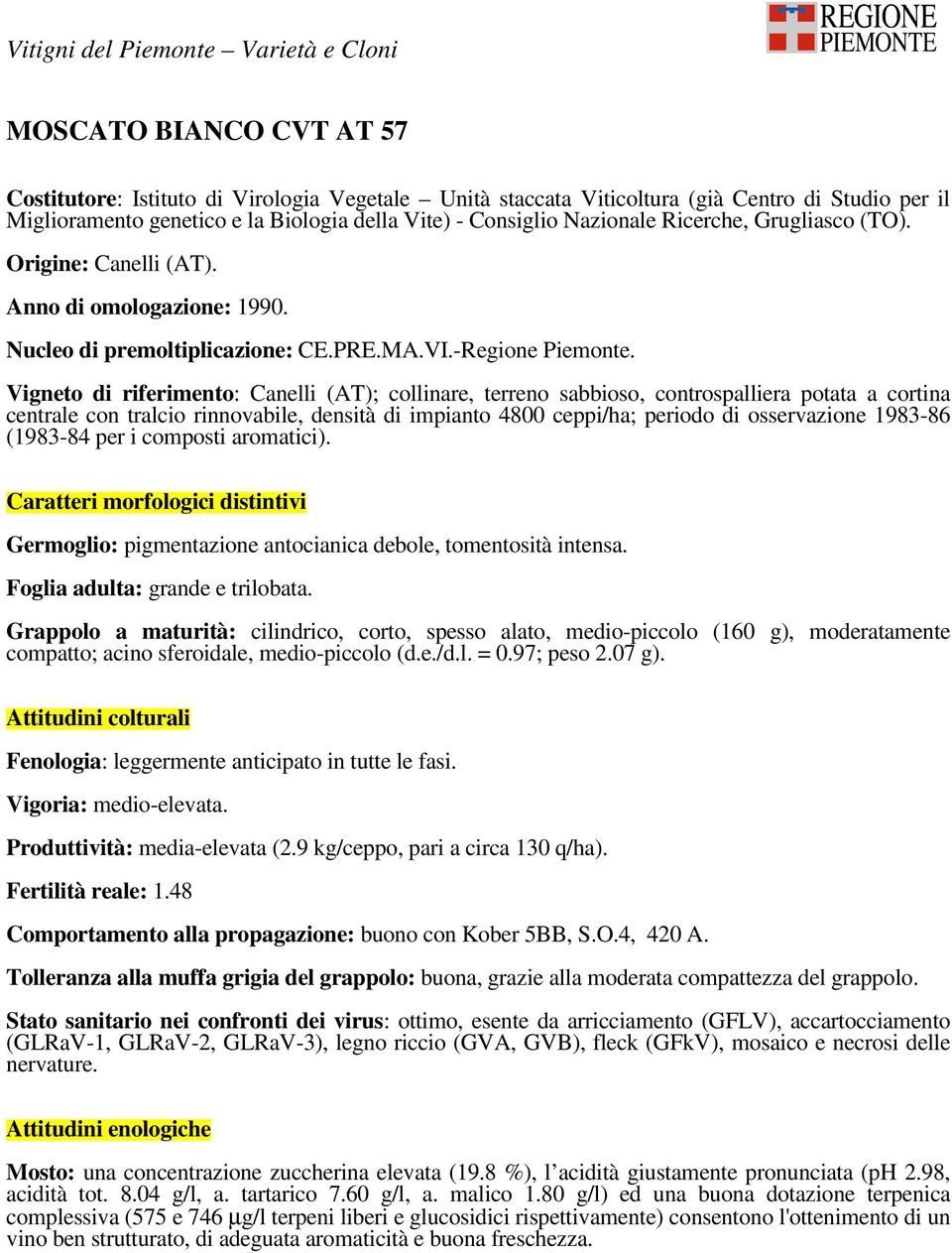 1983-86 (1983-84 per i composti aromatici). Germoglio: pigmentazione antocianica debole, tomentosità intensa. Foglia adulta: grande e trilobata.