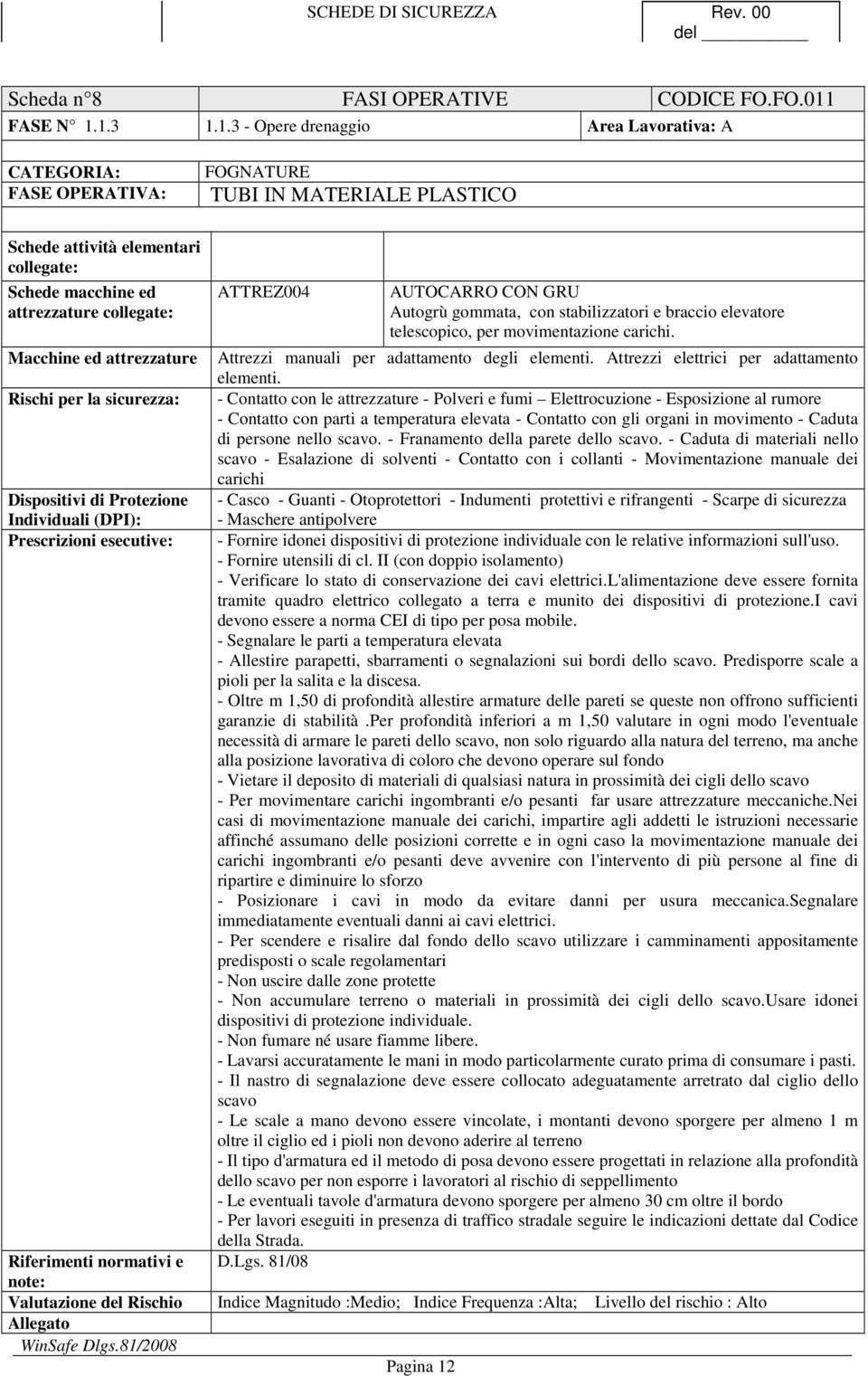 1.3 1.1.3 - Opere drenaggio Area Lavorativa: A CATEGORIA: FASE OPERATIVA: FOGNATURE TUBI IN MATERIALE PLASTICO Schede attività elementari collegate: ATTREZ004 AUTOCARRO CON GRU Autogrù gommata, con