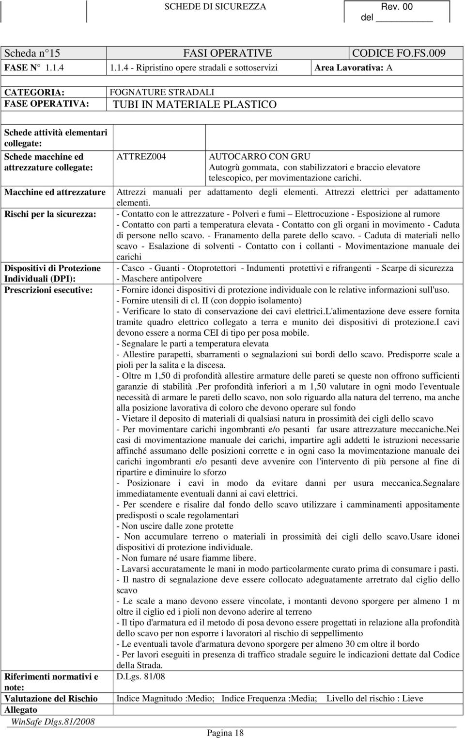 1.4 1.1.4 - Ripristino opere stradali e sottoservizi Area Lavorativa: A CATEGORIA: FASE OPERATIVA: FOGNATURE STRADALI TUBI IN MATERIALE PLASTICO Schede attività elementari collegate: ATTREZ004