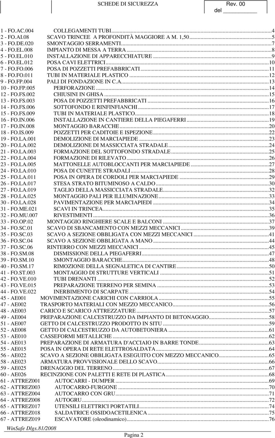 ..14 12 - FO.FS.002 CHIUSINI IN GHISA...15 13 - FO.FS.003 POSA DI POZZETTI PREFABBRICATI...16 14 - FO.FS.006 SOTTOFONDO E RINFINFIANCHI...17 15 - FO.FS.009 TUBI IN MATERIALE PLASTICO...18 16 - FO.IN.006 INSTALLAZIONE IN CANTIERE DELLA PIEGAFERRI.