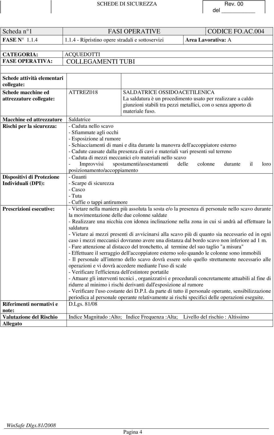 1.4 1.1.4 - Ripristino opere stradali e sottoservizi Area Lavorativa: A CATEGORIA: FASE OPERATIVA: ACQUEDOTTI COLLEGAMENTI TUBI Schede attività elementari collegate: Macchine ed attrezzature